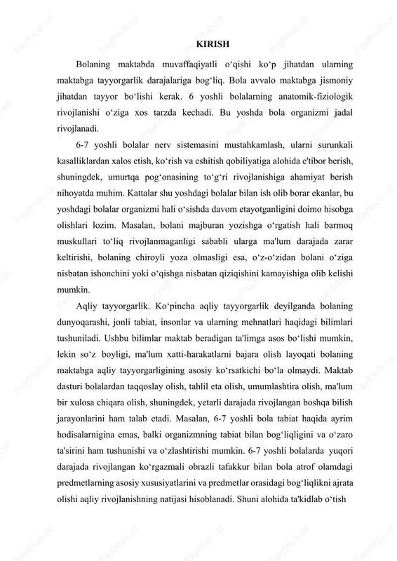 aqliy tayyorgarligining asosiy koʻrsatkichi boʻla olmaydi. maktab dasturi bolalardan taqqoslay olish, tahlil eta olish, umumlashtira olish, ma'lum bir xulosa chiqara olish, shuningdek, yetarli darajada rivojlangan boshqa bilish jarayonlarini ham talab etadi. masalan, 6-7 yoshli bola tabiat haqida ayrim hodisalarnigina emas, balki organizmning tabiat bilan bogʻliqligini va oʻzaro ta'sirini ham tushunishi va oʻzlashtirishi mumkin. 6-7 yoshli bolalarda yuqori darajada rivojlangan koʻrgazmali obrazli tafakkur bilan bola atrof olamdagi predmetlarning asosiy xususiyatlarini va predmetlar orasidagi bogʻliqlikni ajrata olishi aqliy rivojlanishning natijasi hisoblanadi. shuni alohida ta'kidlab oʻtish lozimki, koʻrgazmali-harakatli va koʻrgazmali-obrazli tafakkur nafaqat 6-7 yoshli bolalar, balki kichik maktab yoshidagi oʻquvchilarning ham aqliy rivojlanishida asosiy vazifani bajaradi. bolaning maktabda muvaffaqiyatli oʻqishi nafaqat uning aqliy va jismoniy tayyorgarligi, balki shaxsiy va ijtimoiy-psixologik tayyogarligiga ham bogʻliq. maktabga oʻqish uchun kelayotgan bola yangi ijtimoiy mavqeini turli majburiyatlari va xuquqlari boʻlgan va unga turli talablar qoʻyiladigan −oʻquvchi mavqeini olish uchun tayyor boʻlmogʻi lozim. katta bogʻcha yoshdagi bolalar asosan, …