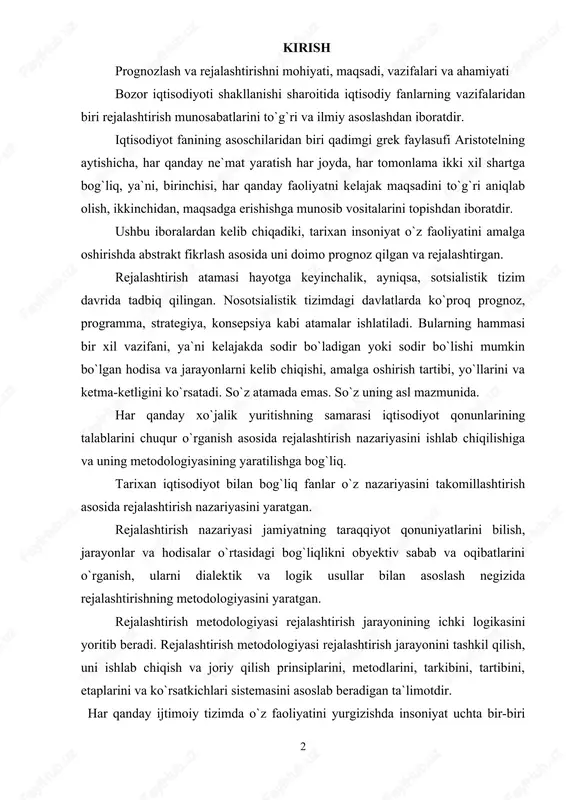 larini o`rganish, ularni dialektik va logik usullar bilan asoslash negizida rejalashtirishning metodologiyasini yaratgan. rejalashtirish metodologiyasi rejalashtirish jarayonining ichki logikasini yoritib beradi. rejalashtirish metodologiyasi rejalashtirish jarayonini tashkil qilish, uni ishlab chiqish va joriy qilish prinsiplarini, metodlarini, tarkibini, tartibini, etaplarini va ko`rsatkichlari sistemasini asoslab beradigan ta`limotdir. har qanday ijtimoiy tizimda o`z faoliyatini yurgizishda insoniyat uchta bir-biri bilan chambarchas bog`liq bo`lgan fundamental muammolar bilan tuqnashadi. bozor iqtisodiyoti sharoitida shakllangan iqtisodiy nazariya u muammolarni quyidagicha ta`riflaydi: birinchidan, nima ishlab chiqarish va qancha miqdorda? ikkinchidan, qanday ishlab chiqarish va qancha xarajatlar zarur bo`ladi? uchinchidan, kim uchun ishlab chiqariladi va ular qanday taqsimlanadi? jamiyat va uning subyektlari oldidagi bunday muammolar, albatta, o`z-o`zidan hal bo`lmaydi. buning uchun xalq xo`jaligini tashkil qilish, boshqarish, tarmoqlararo va xo`jalik subyektlari o`rtasidagi iqtisodiy aloqalarni bog`lash, sotuvchi bilan iste`molchilar orasidagi munosabatlarni, tovar bilan baho miqdorini moslashtirish va hokazolar kabi iqtisodiy jarayonlar, hodisalarni uyg`unlashtirish kabi masalalarni hal qilish zaruriyati tug`iladi. bu hodisalar va jarayonlarni …