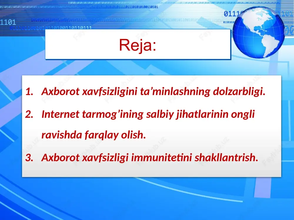 rinchi bosqichda himoyaning maqsadli ko‘rsatmasi, ya’ni qandayrealboyliklar,ishlab chiqarish jarayonlari, dasturlar, ma’lumotlar bazasi himoyalanishi zarurligi aniqlanishi shart. ushbu bosqichda himoyalanuvchi alohida ob’ektlarni ahamiyati bo‘yicha tabaqalashtirish maqsadga muvofiq hisoblanadi. ikkinchi bosqichda himoyalanuvchi ob’ektga nisbatan bo‘lishi mumkin bo‘lgan jinoiy harakatlar tahlillanishi lozim. iqtisodiy josuslik, terrorizm, sabotaj, buzish orqali o‘g‘irlash kabi keng tarqalgan jinoyatchiliklarning real xavf-xatarlik darajasini aniqlash muhim hisoblanadi. so‘ngra, niyati buzuq odamlarning himoyaga muhtoj asosiy ob’ektlarga nisbatan harakatlarining ehtimolligini tahlillash lozim. uchinchi bosqichning bosh masalasi–vaziyatni, xususan o‘ziga xos mahalliy sharoitni, ishlab chiqarish jarayonlarini, o‘rnatib qo‘yilgan himoyaning texnik vositalarini tahlillashdan iborat. axborot xavfsizligi bo‘yicha tadbirlar kompleksining asosini axborot himoyasining strategiyasi tashkil etishi lozim. unda ishonchli himoya tizimini qurish uchun zaruriy maqsadlar, mezonlar, prinsiplar va muolajalar aniqlanadi. axborot himoyasi umumiy strategiyasining muhim xususiyati xavfsizlik tizimini tadqiqlashdir. uni ikkita asosiy yo‘nalishni ajratish mumkin: himoya vositalarining tahlili; xujum bo‘lganini aniqlash. axborot xavfsizligini ta’minlash ierarxiyasidagi ikkinchi masala siyosatni aniqlashdir. uning mazmuni eng ratsional vositalar va resurslar, ko‘rilayotgan …