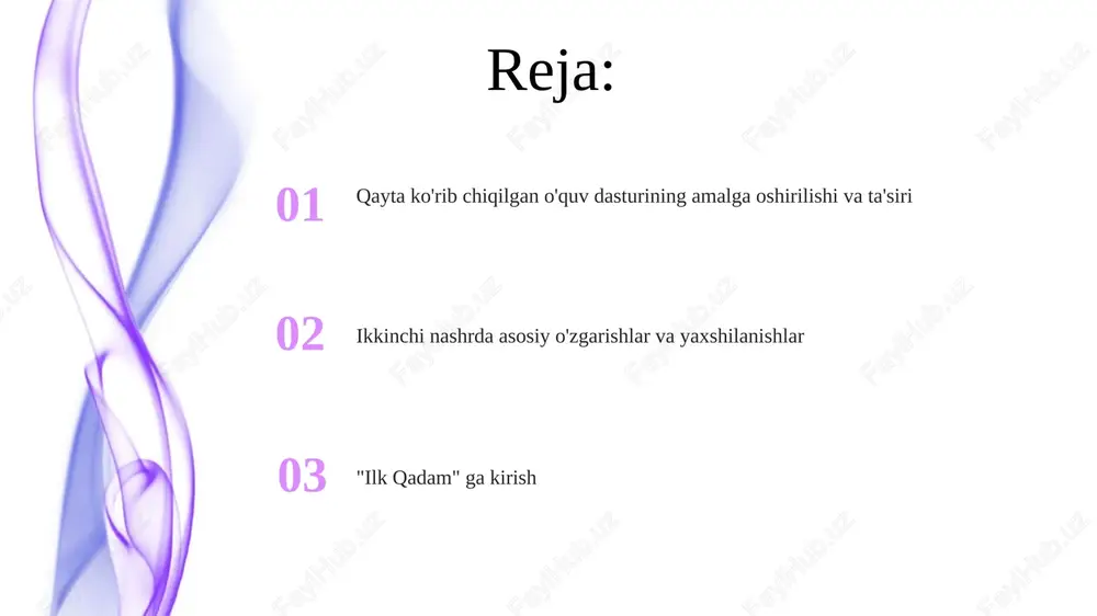 al va jismoniy rivojlanishga yo'naltirilgan. u zamonaviy o'qitish metodlari, raqamli o'qitish vositalari va faoliyatga asoslangan o'qitishni o'z ichiga oladi. "ilk qadam"ning ta'siri va baholash o'qituvchilarning darslikni amalga oshirishdagi qobiliyati va samaradorligini oshirish. talabalarda o'qishga bo'lgan qiziqish va motivatsiyani oshirish. ilk qadamga kirish ushbu hujjat pokistonda o'qitish va o'rganish uchun yangi tizimni taqdim etadi. "ilk qadam" asl davlat o'quv dasturining qayta ko'rib chiqilgan va yangilangan versiyasi. texnologiya va innovatsiyalarni integratsiyalash tanqidiy fikrlash va muammo hal qilish kabi xxi asr ko'nikmalarini rivojlantirishga e'tibor qarating. yaxshilangan raqamli o'quv resurslari va interaktiv platformalar. o'qituvchilarni tayyorlash va qo'llab-quvvatlash 01 02 dars rejasining maqsadi talabalarning o'rganish natijalarini yaxshilashdir. o'qituvchilarga darslikni o'rganish va qo'llashda yordam beradigan tizimlar mavjud. sales 1st qtr 2nd qtr 100 0 sales 1st qtr 2nd qtr 100 0 e'tiboringiz uchun rahmat @taqdimot_robot image4.jpg image5.jpg image6.jpg image7.jpg image8.jpg image9.jpg image10.jpg image11.jpg image12.jpg image13.jpg image14.jpg image15.jpg image1.jpeg image2.jpeg image3.jpeg