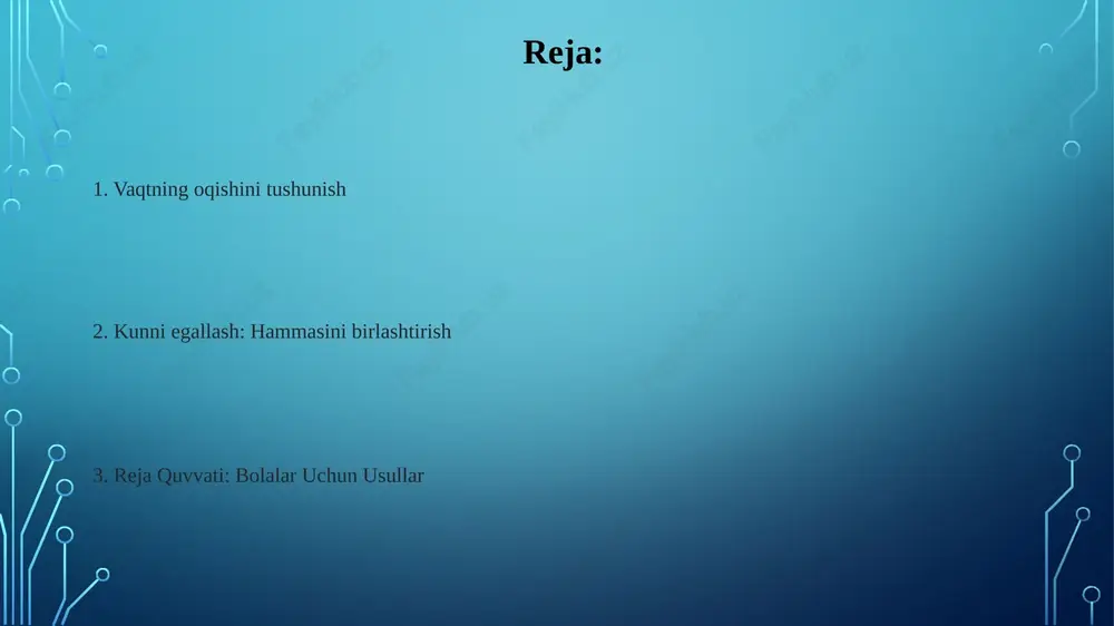 am beradi. vazifalarni bo'lib tashlash turli rejalashtirish usullarini o'rganing (ro'yxatlar, jadvallar, vizual vositalar). kunlik voqealar tartibini tushunish. e'tiboringiz uchun rahmat @taqdimot_robot image3.jpg image4.jpg image5.jpg image6.jpg image7.jpg image8.jpg image9.jpg image10.jpg image11.jpg image12.jpg image13.jpg image14.jpg image2.png