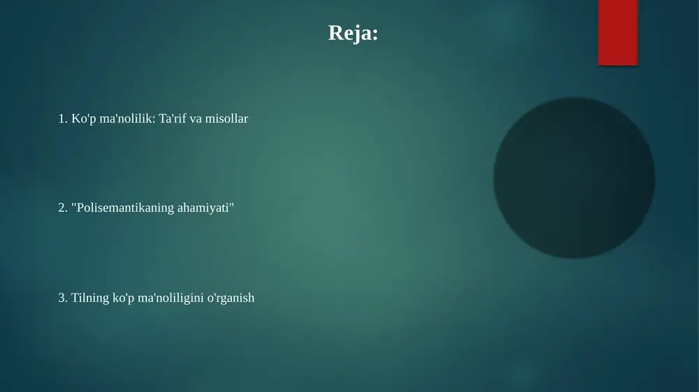 ma'nolilik: turli ma'nolarni mo'ljallangan yoki talqin qilinganda, noaniqlik va noto'g'ri talqinlarga olib kelishi mumkin. polisemiya tarixi ko'p ma'noli so'zlar: ko'pincha metafora yoki metonimiya orqali rivojlangan, bir nechta o'zaro bog'liq ma'nolarga ega bo'lgan so'zlar. polisemi tarixi: tadqiqotlar qadimgi yunonistonga borib taqaladi, 20-asrda esa ko'proq e'tibor qaratildi. ko'p ma'nolilik: bir so'zning bir nechta ma'noga ega bo'lishi hodisasi. ko'p ma'nolilik va tushuncha metaforasi abstrakt tushunchalarni konkret tushunchalar orqali tushunish (masalan, "vaqt puldir"). ko'p ma'noli so'zlar: ko'p ma'nolilikni namoyish qiluvchi so'zlar, tilning moslashuvchan va nozik ekanligini ko'rsatadi. ko'p ma'nolilik: bir so'zning bir nechta ma'noga ega bo'lishi. ko‘p ma'nolilik turlari metafora: o'xshashlik yoki bog'liqlikka asoslangan kengaytirilgan ma'noga ega so'zlar. sinonim: har xil imlo va talaffuzga ega, lekin umumiy ma'noga ega so'zlar. gomoniya: bir xil imlo va talaffuzga ega, lekin ma'nolari turlicha bo'lgan so'zlar. til o'rganishdagi ko'p ma'nolilik ko'p ma'nolilikni tushunish kontekstga oid ko'rsatkichlarni tanib olish va ma'noni anglashni talab qiladi. ko‘p ma'nolilik, bir so‘zning bir …