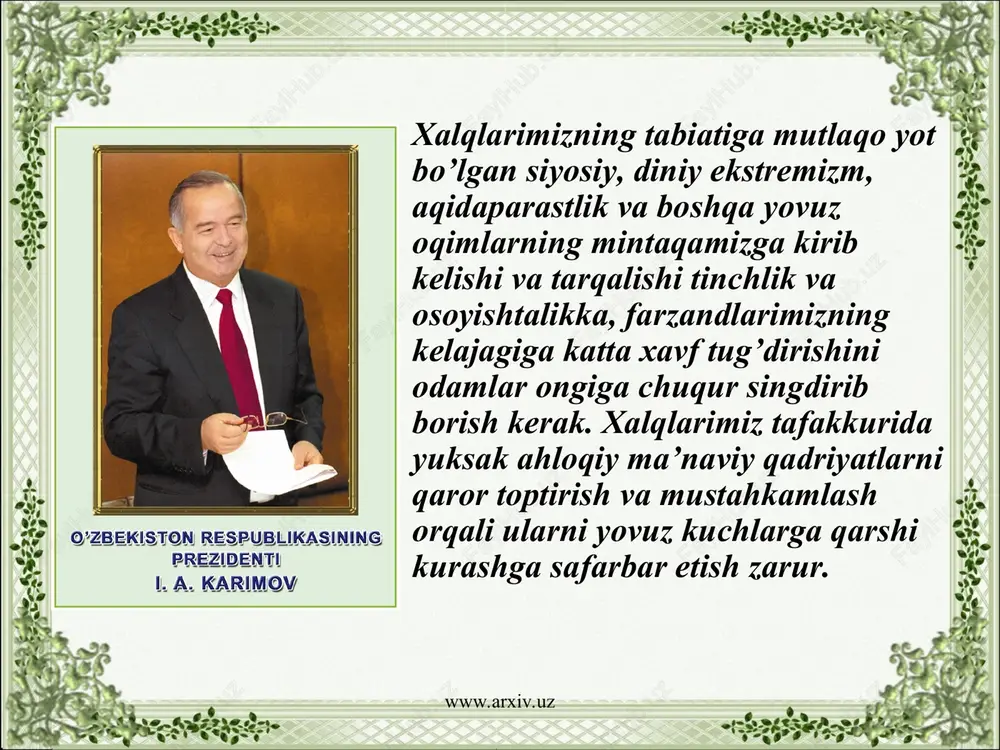 aytda markaziy osiyoda tohiriy, somoniy, g’aznaviy va qoraxoniy hokimlari «axli sunna val-jamoa» aqidasini qat’iyat bilan himoya qildilar. www.arxiv.uz www.arxiv.uz xususan, o’z davrining ramzi bo’lgan amir temur e’tiqod va ma’daniyatning katta ahamiyatini to’g’ri idrok etgan. sharafid-din ali yazdiy sohibqironni haqli ravishda e’tiqodi komil inson sifatida ta’riflaydi. eng muhimi, amir temur «axli sunna val-jamoa» e’tiqodiga sodiq, diniy aqidaparastlikka qarshi qat’iy bo’lgan, islom dinini mutaassiblikdan holi, erkin tushungan. uning komil e’tiqodi boshqa dinlarni rad etish hisobiga bo’lmagan va shu jihatdan xam, u nafaqat o’z asri, balki hozirgi zamon kishisi uchun xam namunadir. www.arxiv.uz www.arxiv.uz www.arxiv.uz www.arxiv.uz mustaqillik tufayli o’zligimizni anglash, ma’naviy qadriyatlarimizni tiklash jarayoni kechayotgan hozirgi paytda umuman dinga va ayniqsa, ota-bobolarimiz dini bo’lib kelgan islomga munosabat tubdan o’zgardi. bu sohadagi yutuqlami sanab o’tirishga hojat yo’q. ulami ko’rmaslik mumkin emas, ko’rolmaslik mumkindir, balki. ammo masalaning boshqa tomoniga e’tiborni jalb qilish muhim. siyosiy mustaqillikka erishgan barcha yosh davlatlarda yuz bergani kabi bizning mamlakatda ham …
