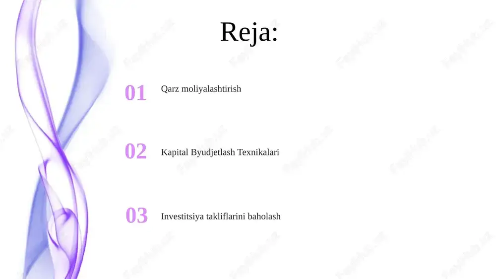 ihani kuzatish. qarz moliyalashtirish: loyihalarni moliyalashtirish uchun qarz olish, kapital xarajatlari va xavfga ta'sir qiladi. qarz moliyalashtirish vs. o'z kapitali moliyalashtirish qarz moliyalashtirish foiz to'lovlari bilan birga keladi, ulush moliyalashtirish esa investorlar bilan foyda bo'lishni talab qiladi. qarz moliyalashtirish qarz olishni o'z ichiga oladi, aksiya moliyalashtirish esa kompaniyadagi mulkni sotishni o'z ichiga oladi. qarz shartnomalari kapital byudjeti potensial loyihalarning rentabelligini, qarz moliyalashtirish va shartnomalar kabi omillarni hisobga olgan holda tahlil qiladi. qarz moliyalashtirish loyihalar uchun mablag'larni ta'minlaydi, lekin foiz xarajatlarini yuzaga keltiradi va moslashuvchanlikni cheklab qo'yishi mumkin. ssenariy tahlili kapital byudjeti uzoq muddatli investitsiyalarni baholashni o'z ichiga oladi, bu erda pul oqimlari, xavf va rentabellik kabi omillar hisobga olinadi. qarz moliyalashtirish qarz olingan mablag'larni ishlatadi, moliyaviy ko'tarilishni oshiradi va potentsial ravishda foiz xarajatlarini oshiradi. loyiha baholash usullari qarz moliyalashtiruv: loyiha investitsiyalari uchun qarzdorlardan mablag'larni ta'minlash. kapital byudjeti: kompaniyaning uzoq muddatli investitsiyalarini rejalashtirish va boshqarish jarayoni, moliyaviy maqsadlar bilan mos kelishini …