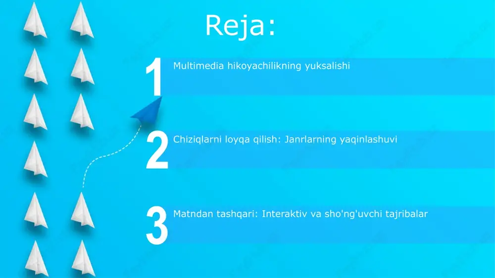 lashtiradi. onlayn jurnalistika ta'rifi onlayn jurnalistika raqamli tarzda tarqatiladigan xabarlarni, yozuvlarni va multimedia kontentini o'z ichiga oladi. janrlarni integratsiya qilish onlayn platformalarga tomoshabinlar uchun har tomonlama va qiziqarli tajriba taqdim etish imkonini beradi. ijtimoiy tarmoqlarning ta'siri ijtimoiy tarmoqlar yangiliklar iste'mol qilish va tarqatishni o'zgartirdi, tezroq ma'lumot almashish va to'g'ridan-to'g'ri tomoshabin bilan aloqa qilish imkonini berdi. janrlarni birlashtirish hikoyani boyitadi, tomoshabinlarni jalb qiladi va yanada chuqurroq yangiliklar tajribasini yaratadi. janrlarning aralashuvi turli janrlarni birlashtirish orqali, har xil qiziqishlarga ega bo'lgan tomoshabinlarni jalb qilish mumkin. onlayn platformalar video va audio kabi multimedia elementlarga imkon beradi, bu esa an'anaviy janr chiziqlarini xiralashtiradi. e'tiboringiz uchun rahmat @taqdimot_robot image5.jpg image6.jpg image7.jpg image8.jpg image9.jpg image10.jpg image11.jpg image12.jpg image13.jpg image1.jpeg image2.jpeg image3.jpeg image4.jpeg