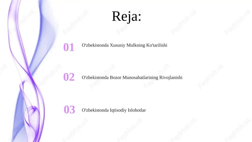 or munosabatlarining paydo bo'lishi barqaror iqtisodiy taraqqiyot uchun muhimdir. o'zbekistonning iqtisodiy ko'rsatkichlari: muvaffaqiyatlar va qiyinchiliklar hukumatiy iqtisodiyotni diversifikatsiya qilish va investitsiyalarni jalb qilish maqsadida tuzilmaviy islohotlarni amalga oshirmoqda. o'zbekiston xususiy sektor rivojlanishi va bozor islohotlari tufayli iqtisodiy o'sishga erishdi. bozorni rivojlantirishdagi qiyinchiliklar byurokratiya va korrupsiya: haddan tashqari qoidalar va korrupsiya biznes faoliyati va investitsiyalarni to'sqinlik qiladi. moliyaviy resurslarga cheklangan kirish: yengil va arzon kreditlarning etishmasligi biznes rivojiga to'sqinlik qiladi. isloh oldidan oʻzbekiston: markazlashtirilgan rejalashtirilgan iqtisodiyot 1990-yillarda amalga oshirilgan iqtisodiy islohotlar xususiy mulkning paydo bo'lishiga olib keldi. isloh qilinishdan oldingi oʻzbekiston markazlashtirilgan rejalashtirilgan iqtisodiyot bilan ajralib turardi. bank va moliyaviy sohaning rivojlanishi o'zbekiston bank va moliya sektori mustaqillikdan keyin katta o'zgarishlarga duch keldi, xususan xususiy banklar, mikro moliya tashkilotlari va islom banklarini joriy qilish bilan. bozor iqtisodiyotiga o'tish xususiy mulk huquqlarining paydo bo'lishi va bozor munosabatlarining rivojlanishi bilan birga keldi, bu esa tadbirkorlik faoliyatini va iqtisodiy xilma-xillikni rag'batlantirdi. tadbirkorlikning yuksalishi o'zbekiston …