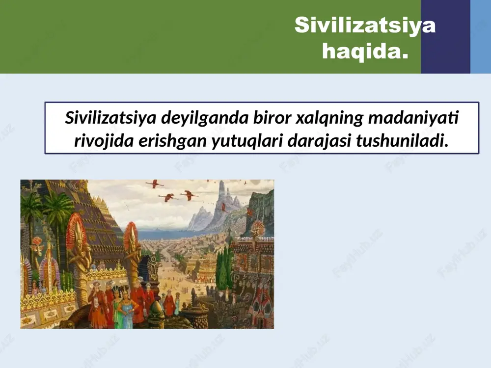 iqlim tartibi qaror topgan davrga to’g’ri keladi. ana shu sharoitga mos ilk odamlar, xayvonot olami va o’simliklar dunyosi shakllanadi. bir necha yuz ming yillar davomida tabiiy muhit ham o’zgarib bordi. ilk paleolitning oxirgi bosqichlarida sayyoramizni muzlik qoplab iqlim keskin soviydi, tez-tez yog’ingarchilik bo’ladigan bo’lib qoladi. o’lkamizda cho’l va voha landshaftlari shakllanib, o’simliklar va hayvonlar dunyosi o’zgarib boradi. odamlar ham jismoniy, ham aqliy jihatdan takomillashadi. 7 dastlabki mehnat qurollari o’tkir qirrali, yassi, tuxumsimon tosh qurollari. ular qo’l cho’qmori ham deyiladi. daraxt shoxlaridan tayyorlangan er kovlaydigan tayoq. hayvonlarni zarb bilan uruvchi so’yil. 8 mehnat qurollarining takomillashuvi va ishlab chiqarish texnikasining ixtiro qilinishi, shaharsozlik, yozuvning paydo bo‘lishi, ilm-fan, adabiyot, san’atning taraqqiyoti belgilaridir. so’nggi poleolit mehnat qurollari arralovchi, shiluvchi, teshuvchi tosh qurollari suyak va yog’ochdan yasalgan tishli qarmoqgarpunlar ignalar, nayza uchlari so’nggi paleolit oxirida yuz bergan tub o’zgarish ibtidoiy to’da o’rnida urug’ jamoalarining vujudga kelishidan iborat bo’ldi. 10 mezolit va neolit davri manzilgohlari. ulug’ …