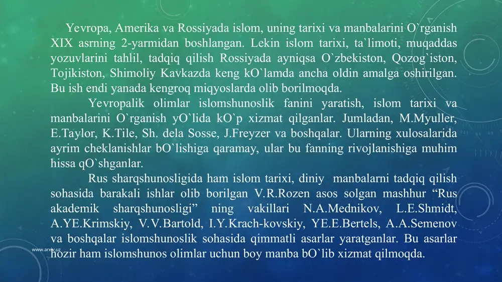 lib xizmat qilmoqda. www.arxiv.uz www.arxiv.uz islomning paydo bo`lishi va uning ta`limotini ilmiy nuqtai nazardan o`rganish masalasi o`tgan asrning 30-yillariga kelib jid-diy ravishda o`rtaga qo`yildi. bu sharqshunoslik va umuman tarix fanining tiklanish davri edi. asrlar davomida tarix fani va sharqshunoslik erishgan yutuqlar va yuzaga keltirgan xulosalarni ilmiy nuqtai nazaridan qayta ko`rib chiqish va baholashdek juda mas`uliyatli va murakkab muammo hali ham to`la yechilgani yo`q. www.arxiv.uz www.arxiv.uz www.arxiv.uz www.arxiv.uz buddaviylik dini b u d d a v i y l i k - dunyodagi eng yirik dinlar ichida qadimiylaridan biri hisobianib, mil. av. vi-v asrlarda hindistonda vujudga kelgan. bu dinga e'tiqod qiluvchilar, asosan, janubiy, janubi-sharqiy va sharqiy osiyo mamlakatlari: shri lanka, hindiston, nepal, butan, xitoy, singapur, malayziya, indoneziya, mongoliya, koreya, vbetnam, yaponiya, kombodja, birma, tailand, laosda va qisman yevropa va amerika qit'aiarida, rossiya federatsiyasining tuva, buryatiya, kalmikiya respublikalarida istiqomat qiladilar. hozirgi kunda e'tiqod qiluvchilar soni jihatidan buddizm xristianlik, islom va hinduizmdan so'ng …