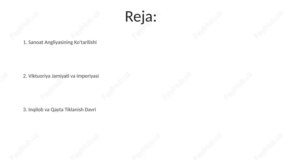 ydo bo'ldi, bu innovatsiyalar va kengayayotgan bozor bilan qo'llab-quvvatlandi. ijtimoiy beqarorlik va o'zgarishlar: iqtisodiy o'zgarishlar bilan birga shaharlashuvning kuchayishi, qashshoqlik va ijtimoiy tartibsizliklar kuzatildi. ma'rifat g'oyalari va islohotlar: jon lok kabi ma'rifat davri mutafakkirlarining ta'siri shaxs erkinligi uchun kurash va an'anaviy ijtimoiy ierarxiyalarga qarshi chiqishni ilgari surdi. viktorian davri: katta o'zgarishlar davri san'at va adabiyot gullab-yashnashi: ushbu davr adabiyot, san'at va musiqada ko'tarilishni boshdan kechirdi, charlz dikkens, alfred tennyson va qirolich viktoriya kabi taniqli shaxslar bilan. ijtimoiy islohotlar: qashshoqlik va tengsizlik haqida xabardorlikning oshishi ta'lim, sog'liqni saqlash va mehnat sharoitlarida sezilarli o'zgarishlarga olib keldi. sanoat inqilobi: tez texnologiya taraqqiyoti angliya iqtisodiyoti va jamiyatini o'zgartirdi. qayta tiklash va shonli inqilob 1688 yildagi shonli inqilob jeyms ii ni taxtdan tushirdi va uilyam va meri shoh va malika bo'lib toj kiydirildi, bu esa konstitutsiyaviy monarxiya davriga yo'l ochdi. 1660-yilda interregnumdan keyin monarxiyaning tiklanishi, charlz ii hukmronligi bilan belgilangan. bu davr siyosat, jamiyat va …