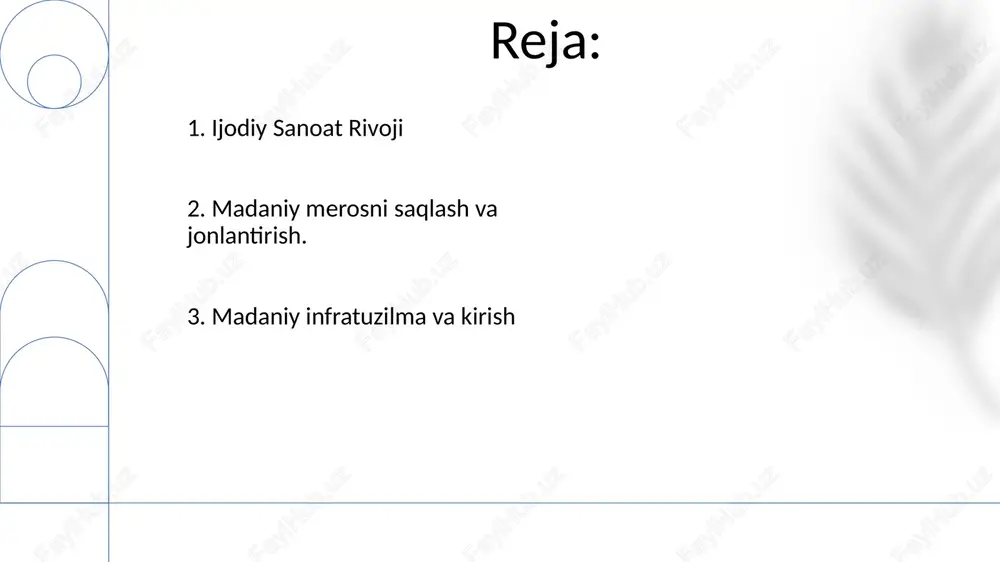 aydi. bu merosni saqlashni, badiiy ifodani rivojlantirishni va madaniy turizmni rag'batlantirishni o'z ichiga oladi. 8. muzey va madaniy meros obyektlarini rivojlantirish va boshqarish bu saytlarni rivojlantirish va boshqarish turizm va madaniy merosni saqlash uchun juda muhim. muzey va merosiy joylar o'zbekiston madaniy sektorini rivojlantirishda muhim ahamiyatga ega. 9. jamoatchilik bilan ishlash va qatnashish faol ishtirok madaniy mulkchilik va barqarorlikni rivojlantiradi. jamiyat ishtiroki madaniy rivojlanish uchun juda muhim. 10. madaniyat sohasini rivojlantirishning iqtisodiy ta'siri. madaniy identifikatsiyani, ijtimoiy yaxlitlikni va jamoatchilik faolligini rivojlantirish. xorijiy investitsiyalarni jalb qilish, o'zbekistonning xalqaro obro'sini oshirish va madaniy almashinuvni rivojlantirish. 11.siyosat doirasini va tashabbuslarni yadroviy mazmun: madaniyat sohasida rivojlantirish uchun ustuvor bo'lgan aniq elementlar va sohalarga e'tibor qaratadi. madaniyat sohaini rivojlantirish: san'at, merosi va madaniy sanoatlarni o'z ichiga olgan holda, madaniyat sohasini mustahkamlash va kengaytirishga qaratilgan. 12.kino va televizion: dinamik sanoatni barpo etish o'zbekistonning kino va televidenie sanoati madaniy rivojlanishning asosiy omili hisoblanadi. bu o'sish xorijiy investitsiyalarni …