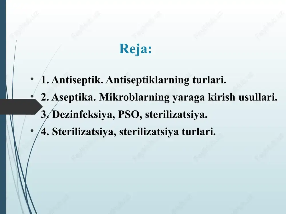 moddalar terining, shilliq pardalarning, bo'shliqlarning yuzasida joylashgan mikroblarni yo'q qilish uchun ishlatiladi, ya'ni ular tashqi tomondan qo'llaniladi. kemoterapevtik moddalar bemorning patologik o'choqlarida mikroblarni yo'q qilish uchun ishlatiladi, shuning uchun ular og'iz orqali yoki parenteral tarzda qo'llaniladi . biologik antiseptiklar bu biologik vositalar (antibiotiklar, zardoblar, vaktsinalar, bakteriofaglar, proteolitik fermentlar, qon mahsulotlarining toksoidlari) yordamida inson organizmida infektsiyaga qarshi kurashish bo'yicha chora-tadbirlar majmui. aseptika aseptika - jarrohlik ishining usuli va mikroorganizmlarning yaraga va umuman tanaga kirishiga yo'l qo'ymaslik uchun chora-tadbirlar majmui. mikroblarning yaraga kirish manbalari ekzogen (asepsis) havo damlama aloqa implantatsiya endogen (antiseptik) aloqa bilvosita aseptika qonuni - yara bilan aloqa qiladigan hamma narsa steril bo'lishi kerak!!! aseptikani amalga oshirish uchun quyidagilar qo'llaniladi: tashkiliy chora-tadbirlar (jarrohlik bemorlarni "toza" va "yiringli" ga saralash, binolarni tugatish, tibbiyot xodimlari va sanitariya-epidemiologiya xizmati tomonidan sterilizatsiya sifatini muntazam nazorat qilish, bo'lim bo'limlarini kvartslash va nam tozalash. ) ser jismoniy omillari (yuqori harorat, ionlashtiruvchi nurlanish, ultratovush, ultrabinafsha nurlanish) kimyoviy …