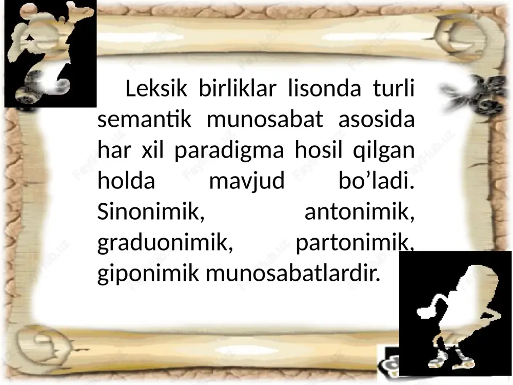 ira oladi; 4) ma’nodoshlik qatori mansub bo’lgan katta tizimga faqat dominanta leksema kiradi. masalan, «kishi tanasi a’zolari» lug’aviy ma’noviy guruhiga [yuz] dominanta leksemasi kirib, [quloq], [burun], [lab], [qosh], [peshona] leksemalari bilan paradigma hosil qiladi. ma’nodoshlik paradigmasi doimo ochiq. jamiyat, davr talabi asosida keraksizi iste’moldan chiqib, qator yangilari bilan boyib boraveradi. nutqda ma’nodoshlik qatorlari nutqning atash birliklari, iboralar, mustaqil leksema sememalarining turi, yasama so’z, so’z birikmasi, nutqiy ko’chma so’z bilan to’lib, kengayib boradi. bular kontekstual sinonim sifatida nutqning go’zalligi va boyligini ta’minlovchi vosita sanaladi. omonimiya omonimlar shakli bir xil, ma’nolari har xil (o‘zaro bog‘lanmagan) leksemalardir. ya’ni, leksemalarning ifoda planidagi (talaffuzi va yozilishidagi) tenglik hodisasi. masalan, o‘t («olov») -o‘t («maysa»), kamar («qayish, ko‘ndan ishlangan belbog‘»)–kamar («daryo, tog‘larda suv o‘yib ketgan chuqur joy») kabi. omonimlar turli so‘z turkumlariga mansub bo‘lishi ham mumkin. masalan, tabiiy (sifat) va tabiiy (modal so‘z): 1) u tabiiy fanlarga ko‘proq qiziqadi. (bu gapda tabiiy - sifat, aniqlovchi); 2) co‘zamol, …