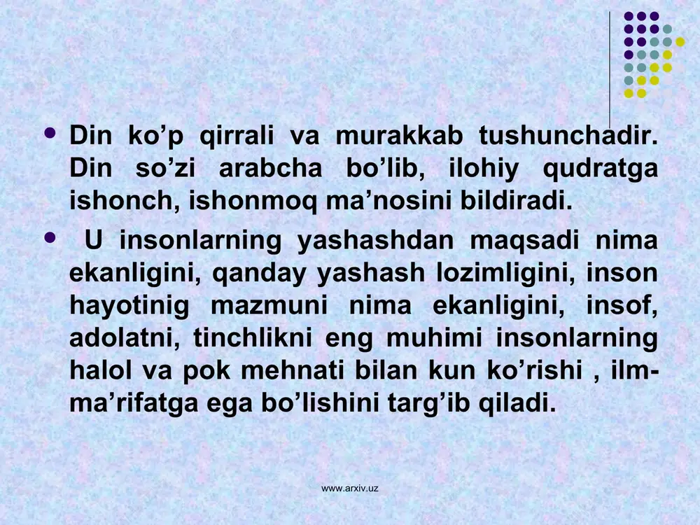 ziya xalqlari, livan, hindiston, xitoy hamda filippin aholisining ma’lum bir qismi, yevropa qit’asidagi bolqon yarim orolida yashovchi xalqlarning bir bo’lagi islomga etiqod qiladilar. musulmonlarning xaj qiladigan joyi – makka. ka’ba – islom dinida muqaddas hisoblanadi va u yerda «ollohning uyi» («baytulloh») deb nom olgan. www.arxiv.uz www.arxiv.uz «islom» so’zi arabcha bo’lib, «xudoga o’zini topshirish» «itoat», «bo’ysunish» degan ma’nolarni bildiradi. shundan bu ishonuvchilar: «muslim» deb ataladi. uning ko’pchlik shakli bu dinda «muslimun» deb ifodalanadi. islom dini arabiston yarim orolida vi asrning oxiri vii asr boshlarida paydo bo’lgan. payg’ambarimiz muhammad alayxissalom (570-632) makkada yakka xudoga e’tiqod qilish to’g’risida targ’ibot boshlagan. biroq zodagonlarning qarshiligiga uchrab 622-yilda o’z tarafdorlari bilan madina (yasrib) ga ko’chgan (xijrat qiladi). o’sha yildan boshlab musulmonlarning xijriy yili hisobi boshlandi. 630-yilga kelib makka ham musulmonlar qo’liga o’tib bu yerda musulmon davlati shakllanadi. makka birinchi marta ptolomey asarida (ii-asr) makoraba nomi bilan tiga olingan. islom dinigacha majusiy kabilarning diniy markazi bo’lgan. www.arxiv.uz …