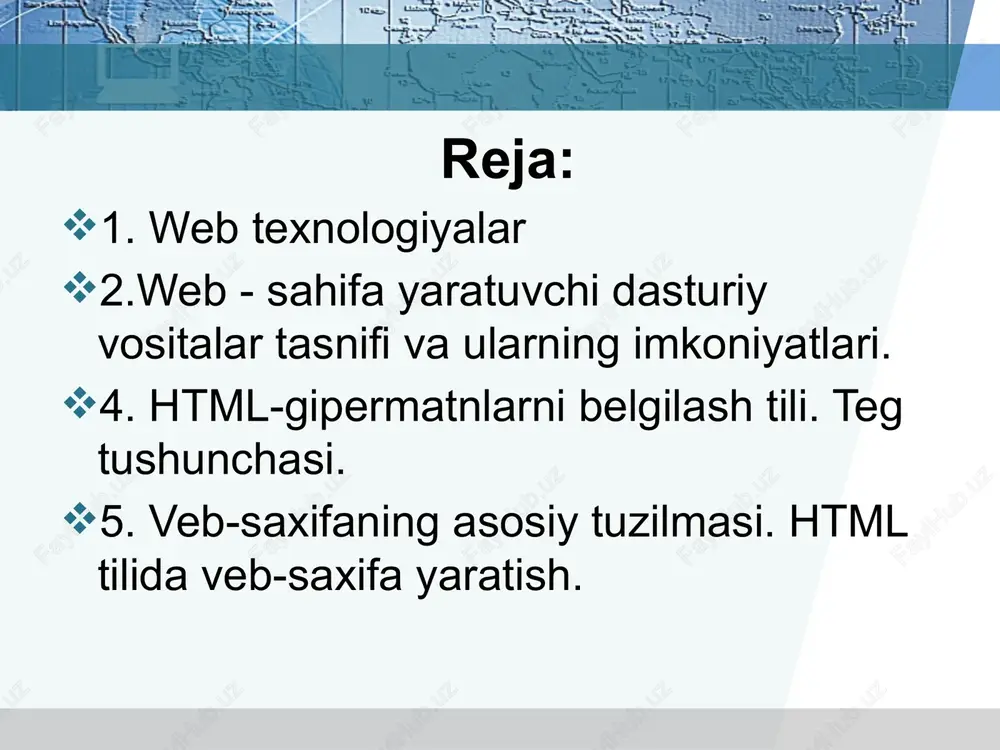 yozilgan hujjatlarni ko‘rish uchun maxsus dasturlar ishlatiladi. web-sayt (inglizcha - website, web - o‘rgimchak to‘ri, site - joyi) - bu bir nechta web-sahifalarni kompyuter tarmog‘ida bitta manzilda birlashtirilgan fayllar to‘plamidir (domen ga yoki ip ga ega bo’ladi). domen - bu biror-bir serverda joylashgan saytga olib boradigan manzildir. barcha web-saytlar qaysidir serverda joylashgan bo‘ladi. aslida siz hosting xizmatidan foydalanib, saytingiz ma’lumotlarini qaysidir ser- verga joylashtirganingizda saytingiz ip manzilga ega bo‘ladi. hosting - bu web-sayt uchun joy ajratib beruvchi xizmat turidir. odatda domen beruvchi kompaniyalarda ham hosting xizmati bo‘ladi. hosting va domenni bir kompaniyadan yoki alohida kompaniyalardan ham olish mumkin. web-dizayn - bu yaratiladigan web-saytlarga texnik ishlov berish va axborotlarni tizimli ravishda shakllantirishdir. web-sayt va web-sahifalar o‘zaro har xil usullar bilan bog'lanadi. ushbu yagona oraliq world wide web (butun dunyo o'rgimchak to‘ri) yoki qisqacha www deyiladi. web-sahifalarga giper murojaat www ning asosiy xususiyatlaridan biridir. ayni paytda web-sayt yaratishni ikki xil usulda amalga …