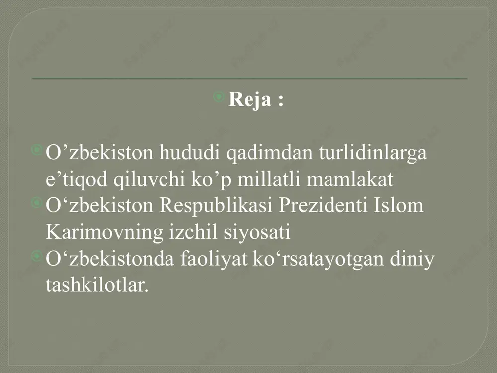 iyatdagi vazifalari kompensatorlik regulyatorlik kommunikativ integratorlik legitimlovchilik o’zbekistonda turli din, millat va elat vakillari farovon yashashi uchun qulay sharoitlar yaratilgan bo’lib, islom, xristianlik, yahudiylik, bahoi jamoalari va krishnani anglash jamiyati, bular bilan birgalikda ularning turli oqimlari va yo’nalishlari vakillari tinch, osoyishta va farovon hayot kechirib kelmoqda. mustaqillik sharoitida etnik munosobatlar va din sohasida olib borilayotgan izchil va qat’iy siyosat tufayli mamlakatimizda millatlararo totuvlik va konfessiyalararo hamkorlik qaror topdi. konstitustiyamizda «o’zbekiston respublikasida barcha fuqarolar bir xil huquq va erkinliklarga ega bo’lib, jinsi, irqi, millati, dini, ijtimoiy kelib chiqishi, e’tiqodi, shaxsi va ijtimoiy mavqeidan qat’i nazar, qonun oldida tengdirlar», - degan tamoyilning mustahkamlab qo’yilishi esa, bu boradagi ishlarning qonuniy asosi bo’lib xizmat qilmoqda. milliy qadriyatlar tolerantlikni rivojlantirishda muhim o’rin tutadi. tolerantlik-o’zligini anglagan millat vakillarining boshqa millat vakillari tomonidan kamsitilishiga yo’l qo’ymaslik, ular bilan tinch, farovon hayot kechirishidir. tolerantlik tuyg`usi insonning xulq atvori, odob axloqi, siyosiy – ma’naviy pokligi, o’z xalqi va milliy …