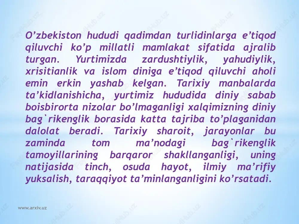 a niyatlar yo’lida hamkor va xamjixat bo’lib yashashni anglatadi. qadim – qadimdan din aksariyat milliy qadriyatlarni o’zida mujassam etib keladi. milliy qadriyatlarning asrlar osha bezavol yashab kelayotgani ham dinning ana shu tabiati bilan bog`liq. chunki, dunyodagi dinlarning barchasi ezgulik g`oyalariga asoslanadi, yaxshilik, tinchlik, do’stlik kabi fazilatlarga tayanadi. odamlarni halollik, poklik, mehr – oqibat va bag`rikenglikka chorlaydi. www.arxiv.uz mustaqillik sharofati bilan 130 dan ortiq millat va elat vakillari yashaydigan o’zbekistonda turli din, millat va elat vakillari farovon yashashi uchun qulay sharoitlar yaratilgan bo’lib, islom, xristianlik, yahudiylik, bahoi jamoalari va krishnani anglash jamiyati, bular bilan birgalikda ularning turli oqimlari va yo’nalishlari vakillari tinch, osoyishta va farovon hayot kechirib kelmoqda. www.arxiv.uz mustaqillik sharoitida etnik munosobatlar va din sohasida olib borilayotgan izchil va qat’iy siyosat tufayli mamlakatimizda millatlararo totuvlik va konfessiyalararo hamkorlik qaror topdi. konstitustiyamizda «o’zbekiston respublikasida barcha fuqarolar bir xil huquq va erkinliklarga ega bo’lib, jinsi, irqi, millati, dini, ijtimoiy kelib chiqishi, e’tiqodi, …