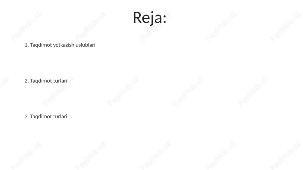 aro aloqa. - guruh faoliyati: hamkorlikdagi vazifalar va muhokamalar. - so'rovnomalar: real vaqt rejimida fikr-mulohaza to'plash. interaktiv taqdimotlar tomoshabinlarni jalb qilishni, shuningdek tushunish va qiziqishni rag'batlantiradi. interaktiv taqdimotlar jamoatchilik oldida nutq so'zlash tomoshabinlarni jalb qiling va ko'ngil oching. bilim, faktlar va tushunchalarni baham ko'ring. rasmiy taqdimotlar turlari: axborotli, ishontirish, namoyish va marosim taqdimotlarini o'z ichiga oladi. shakllar: ma'ruzalar va nutqlardan tortib slayd-shoular, video taqdimotlar va interaktiv seminarlargacha turlicha. namoyish taqdimoti iskonchi taqdimotlar tinglovchilarni ma'lum bir nuqtai nazarni qabul qilishga yoki harakat qilishga ko'ndirishga harakat qiladi. namoyish taqdimotlar vizual vositalar va amaliy misollar yordamida biror narsani qanday qilishni ko'rsatib beradi. e'tiboringiz uchun rahmat @taqdimot_robot image4.jpg image5.jpg image6.jpg image7.jpg image8.jpg image9.jpg image10.jpg image11.jpg image12.jpg image13.jpg image14.jpg image15.jpg image1.jpeg image2.jpeg