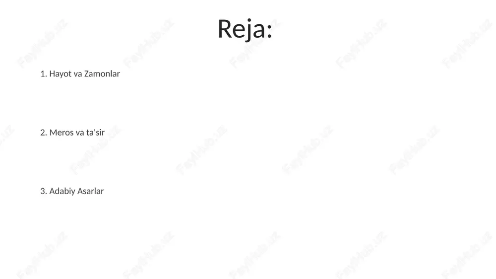 a'sir umar xayyom she'riyatı g'arb adabiyoti va san'atiga, ayniqsa, romantizm davrida ta'sir ko'rsatgan. ikkala shaxs ham o'z madaniyatiga sezilarli hissa qo'shgan va ularning meroslari doimiydir. shekspirning pyesalari butun dunyo bo'ylab sahnalashtirilib, moslashtirilgan bo'lib, teatr, kino va adabiyotga ta'sir qilgan. she'rning quvvati she'riyatning kuchli tomoni his-tuyg'ularni uyg'otish, fikrni ilhomlantirish va madaniy merosni saqlab qolish qobiliyatida yotadi. omar xayyom, forsiy polimat, hayot, muhabbat va o'limni o'z ichiga olgan falsafiy ruboiyolar bilan mashhur. uzbikcha: uilyam shekspir, ingliz adabiyoti ustasi, hamlet va romeo va jyet kabi abadiy asarlarni yaratdi va vaqtsiz mavzularda inson tabiatini o'rgandi. meros va ta'sir shekspirning pyesalari va sonetlari ingliz adabiyoti negizlaridan biri boʻlib, koʻplab yozuvchilarga taʼsir koʻrsatgan. ikkala san'atkor ham o'ziga xos uslublari va badiiy ovozlari orqali o'rganilgan vaqtsiz mavzularning merosiga ega bo'ldi. umar xayyomning, ayniqsa ruboiylarining she'riyoti san'at, musiqa va falsafa uchun ilhom manbai bo'lib qolmoqda. e'tiboringiz uchun rahmat @taqdimot_robot image1.jpeg image2.jpeg