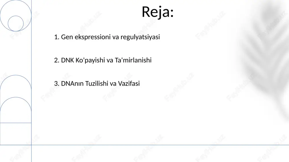 arga moslashish imkonini beradi. ota-onadan farzandga xususiyatlarning o'tishini ta'minlovchi irsiylik, dnk replikatsiyasi va genlarning o'tishini asos qiladi. 9. gen ifodasi regulyatsiyasi atrof-muhit omillari va ichki signallar gen ifodasi naqshlarini ta'sir qilishi mumkin. bu qoida hujayra differentsiatsiyasi va rivojlanishi uchun juda muhim. e'tiboringiz uchun rahmat @taqdimot_robot image1.png image2.jpg image3.jpg image4.jpg image5.jpg image6.jpg image7.jpg image8.jpg image9.jpg image10.jpg
