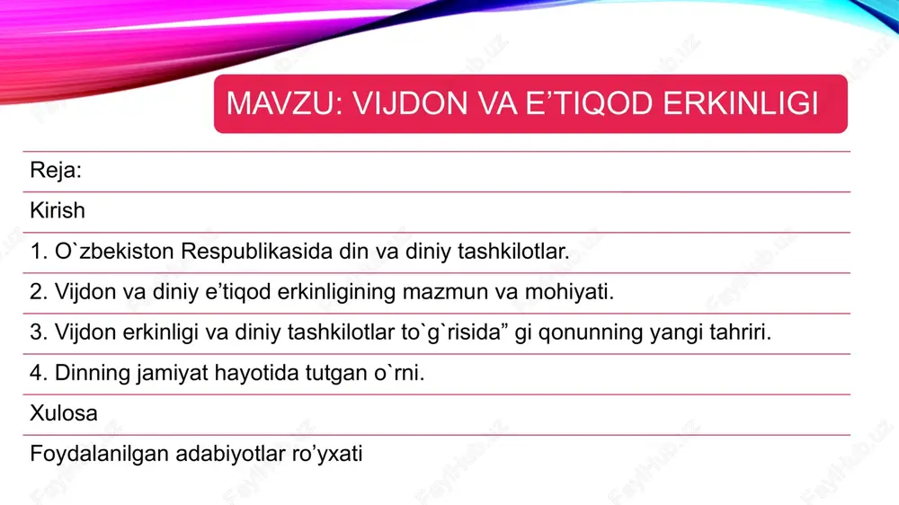 unda ham dinning davlatdan ajratilganligi, hech bir dinga yoki diniy e’tiqodga boshqalariga nisbatan biron-bir imtiyoz yoki cheklashlar belgilanishiga yo’l qo’yilmasligi belgilab qo’yilgan. bu esa mamlakatimizda davlatning diniy ishlarga, dinning esa davlat ishlariga aralashmasligini anglatadi. (qonun hujjatlarida ko’rsatilgan holatlar bundan mustasno, albatta). buning zamirida davlat tomonidan turli dinlarga e’tiqod qiluvchi va dinga e’tiqod qilmaydigan fuqarolar, shu kabi tashkilotlar o’rtasida o’zaro murosa va hurmat o’rnatilishiga ko’maklashishi, ular o’rtasida vujudga kelishi mumkin. davlat bilan din o’rtasidagi munosabatlarda subekt sifatida bir tomondan e’tiqod qiluvchilar, ya’ni fuqarolar, ikkinchi tomondan davlat va uchinchi tomondan diniy tashkilotlar qatnashadi. o’zbekiston dunyoviy xarakterdagi davlat va diniy tashkilotlar davlatdan ajratilgan bo’lishiga qaramay, ularni jamiyatdan ayri holda tasavvur etib bo’lmaydi. shu sababli davlat diniy tashkilotlarning qonuniy faoliyatini qo’llab quvvatlaydi, jamiyatning ma’naviy qadriyatlarini tiklanishi va rivojlanishida diniy tashkilotlar ko’magiga tayanadi, ya’ni o’zbekistonda din davlatdan ajratilgan bo’lsada, jamiyatning ajralmas bo’lagi hisoblanadi. bugungi kunda din bilan bog’liq huquqiy munosabatlarda ishtirok etuvchi fuqarolar va davlatning …