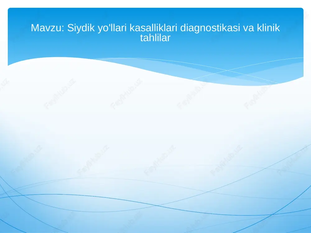 , tungi diurez xisoblanadi. buyraklarning konsentratsiyalash xususiyati normal bo’lganda: 1. 8 ta porsiyada peshob miqdori 50 – 250 ml gacha o’zgarib turadi. 2. nisbiy zichlik 1010 dan 1026 gacha o’zgarib turadi. ertalabki peshobda tungi diurez kamayishi hisobiga nisbiy zichlik baland bo’ladi. kunduzgi peshob miqdori ko’p va nisbiy zichlik past bo’ladi. 3. kunduzgi diurez va tungi diurez nisbati 3:1 yoki 4:1 nisbatda bo’ladi. nechiporenko sinamasi. nechiporenko sinamasida 1 ml peshobdagi shaklli elementlar sanaladi. tekshirish uchun kun davomida peshob topshirish mumkin, bunda o’rta porsiya olinadi. 10 ml peshob 3000 aylanishda 5 minut sentrifuga qilinadi va 1 ml cho’kma qoldiriladi. cho’kma aralashtiriladi va goryaev kamerasiga solinadi. mikroskop ostida leykotsitlar, eritrotsitlar, silindrlar soni alohida sanaladi. dastlab 1 ml peshobdagi shaklli elementlar quyidagi formula yordamida hisoblanadi: e = a / 0,9 keyin esa 1 ml peshobdagi shaklli elementlar xisoblanadi: n = a x 1000 / v bunda n – 1 ml peshobdagi shaklli elementlar; x …