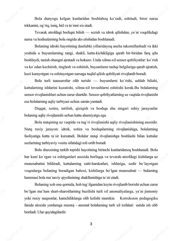 arning xatti-harakatlari, ishlariga, sodir bo`layotgan voqealarga bolaning beradigan bahosi, kishilarga bo`lgan munosabati — bularning hammasi bola ma`naviy qiyofasining shakllanishiga ta`sir etadi. bolaning xoh ona qornida, hoh tug`ilganidan keyin rivojlanib borishi uchun zarur bo`lgan ma`lum shart-sharoitlarning buzilishi turli xil anomaliyalarga, ya`ni jismoniy yoki ruxiy nuqsonlar, kamchiliklarga olib kelishi mumkin. korreksion pedagogika fanida aloxida yordamga muxtoj - anomal bolalarning turli xil toifalari ustida ish olib boriladi: ular quyidagilardir: 1) eshitish kamchiliklariga ega bo`lgan bolalar (kar, zaif eshituvchi bolalar`, kech kar bo`lib qolgan bolalar); 2) ko`rish qobiliyati zaif (kur, zaif ko`ruvchi bolalar); 3) oligofren (debil, imbetsil, idiot bolalar); 4) og`ir nutqiy nuqsonlari bor bolalar; 5) harakat-tayanch a`zolarida kamchiliklari bulgan bolalar; 6) ruxiy rivojlanishi orqada qolgan bolalar. 7) kompleks nuqsonli kur-kar-soqov bolalar; anomal bolalar soglom tengdoshlari orasida inklyuziv ta`limda yoki maxsus ta`lim-tarbiya muassasalarida tarbiyalanishi va o`qitilishi kerak. bolaning umumiy rivojlanishiga har tomonlama kuchli ta`sir etgan nuqsonlargina uni anomal bola deb hisoblashga asos bo`lishi mumkin. …