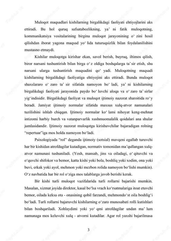 li rollarni bajaruvchi kishilarning o‘zaro munosabati rolli kutishlari bilan boshqariladi. xohlaydimi yoki yo‘qmi atrofdagilar undan ma’lum namunaga mos keluvchi xulq - atvorni kutadilar. agar rol yaxshi bajarilmasa ijtimoiy-nazorat tomonidan baholanadi, ozmi-ko‘pmi cheklanishlar qilinadi. turli xil rollarni bajarayotgan kishilarning o‘zaro birgalikdagi harakati rollar ehtimoli bilan boshqariladi. rolning qanday bajarilishi sotsial nazorat ostida bo‘ladi, ijtimoiy jihatdan baholanadi, namunadan chetga chiqish esa qoralanadi. jumladan, ota-onalar mehribon, xushmuomala, bolaning aybiga nisbatan shafqatliroq bo‘lishlari kerak-bu rollar ehtimoliga mos bo‘lib tushadi va ijtimoiy jihatdan ma’qullanadi. ammo atrofdagilarga ota-onaning xushmuomalaligi haddan oshib ketayotgani sezilib turadi va qoralanadi. vaqti kelganda ota-ona bolaga nisbatan qattiqqo‘l, talabchan bo‘lishlari lozim. shunday qilib, o‘zaro birgalikda harakat qilayotgan kishilar xulq-atvorining bir-birlaridan kutgan taxminlariga mosligi muloqot jarayonida muvaffaqiyatga erishishning zarur sharti hisoblanadi. kishining boshqalardan eshitishga yoki ularda ko‘rishga tayyor bo‘lgan narsani ulardan kutish mumkinligini bexato va aniq taxmin qilish qobiliyati, malakasi odob deyiladi. odobsizlik-bu muloqot jarayonida muloqotga kirishganlarning o‘zaro birgalikdagi harakatlarining izdan chiqishiga olib …