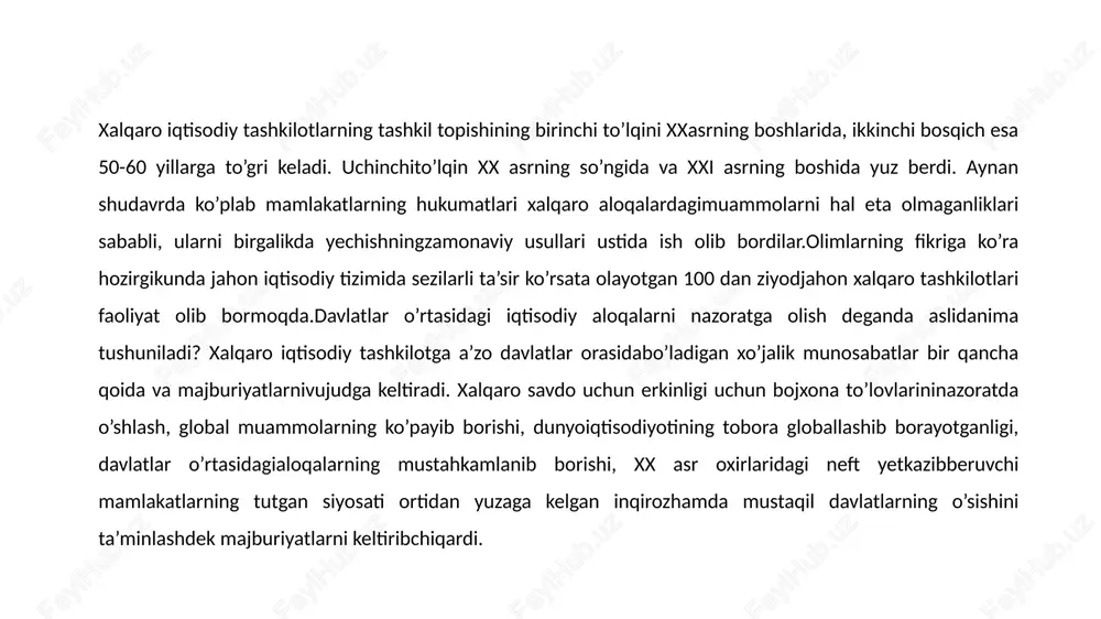 k katta miqyosdagi xalqaroaloqalar mezonidan keloib chiqgan hududiy va global tuzilamalarini alohidatakidlab o’tish maqsadga muvofiq bo’ladi. xalqaro iqtisodiy aloqalarningkatta qamrovdagi faoliyati haqida fikr yuritilganda global tashkilotlargae’tibor qaratmoq joiz bo’adi. ayniqsa. birlashgan millatlar tashkiloti (bmt)ning iqtisodiy tashkilotlarning o’rni ahamiyatlidir. o‘zbekiston mashinalar, kimyo mahsulotlari, qora va rangli metall, elektr energiya, gaz, paxta tolasi, oziq-ovqat mollari, pilla, qorako‘l singari mahsulotlarni eksport qiluvchi mamlakatlardan hisoblanadi. o‘z navbatida o‘zbekiston o‘zida yetishmagan oziq-ovqat va sanoat mollarini, shuningdek, xalq iste'moli buyumlarini import qiladi. o‘zbekiston xalqaro iqtisodiy hamkorlikka faol kirishgan. hozirgi kunda 140 dan ortiq davlat bilan savdo aloqalari olib boradi. ayniqsa, dunyoda yetakchi bo‘lgan germaniya, aqsh, rossiya, yaponiya, fransiya, italiya, koreya respublikasi, turkiya, xitoy kabi davlatlar bilan hamkorligi jadal sur'atlarda rivojlanmoqda. o‘zbekistonga eksport va import qilinayotgan mahsulotlarning eng ko‘pi xitoyga to‘g‘ri kelmoqda. tovarlarni tashqi bozorga, xorijga chiqarilishi eksport deb ataladi. aksincha, chet mamlakatlardan zarur mahsulotlarni, mollarni olib kelish import deb ataladi. 2018-yilda eksport 14,3 mlrd, import esa …