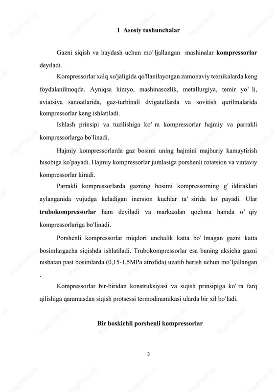 iyraklanish vujudga keladi. tevarakdagi muhitning bosimi ta’sirida so‘rish klapani 7 ochiladi va silindrga siqilishi lozim bo‘lgan gaz to‘ladi. porshen o‘ngdan chapga tomon siljiganida so‘rish klapani yopiladi va porshen silindrdagi gazni siqadi. siqilgan gaz haydash klapani 8 ochilib silindrdan itarib chiqariladi va gaz yig‘gichga haydaladi, undan esa iste’molchiga beriladi. bunda kompressorning ish protsessi porshenning ikki marta harakatlanishida amalga oshadi, bu esa valning bir marta aylanishiga muvofiq keladi. nazariy (ideal) bir bosqichli kompressorni ishlashini ko‘rib chiqamiz. ishqalanishni yengishga sarf bo‘ladigan ish yo‘q, silindrning geometrik hajmi foydali ish hajmiga teng va qoldiq bo‘shliq hajm hosil kilmaydi, deb faraz qilamiz. gazni silindrga so‘rish va yig‘gichga haydash o‘zgarmas bosimda amalga oshadi. 2- rasm. 7.2-rasmda kompressorda siqilgan gaz olishni nazariy indikator diagrammasi tasvirlangan. kompressorda porshen chapdan o‘ngga qarab harakatlanganda silindrga bosimi r1 bo‘lgan gaz kiradi. bu protsess diagrammada 0-1 chizig‘i bilan tasvirlanib so‘rish chizig‘i deyiladi. porshen o‘ngdan chapga harakatlanganda gazni r2 bosim va v2 hajmgacha siqadi. …