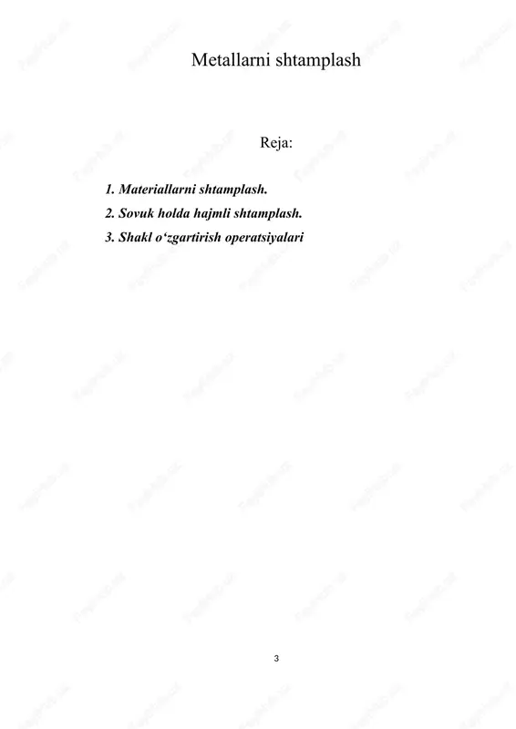 bilan topiladi. gib=gpok+gpr+gkuy gb-zagotovka uchun zarur bo‘lgan metal ogirligi rasm. zagotovkalarni shtamplash etaplari. gpok-arayishga chiqqan metal og‘irligi, kg gzag- kuyindiga chiqqan metal og‘irligi,kg gug-metal ogirligi shtamplar sodda bitta operatsiyani bajarish uchun va murakkab bir vaktni uzida bir necha operatsiyalarni bajarish uchun (shtamp yuzida bir kancha arikchalar mavjud) torayish ogirligi kuyidagi formuladan topiladi. bunda, -metalni solishtirma ogirligi g/sm2 s- pokovkaning perimetri f- aralashmaning kundalang kesimi yuzasi, mm2 shtamplash uchun mashinalar. shtamplash molotlarida, shtamplash presslarida, gidravlik va friksion presslarda gorizont shtamplash mashinalarda bajariladi. issik hajmli shtamplashni ochik va yopik turlari bo‘ladi. ochik shtamplarda shtampni kesimini chetki kirralari buyicha arikcha kilinib, shtamplash vaktida bosim hisobiga ortiqcha metall arayish bo‘lib chikadi. yopik shtamplashda metalni deformatsiyalanishi berk fazoda bajariladi. metalni shtamplash natijasida arayish chikmaydi. buyumlarni issiklayin shtamplarni umumiy texnologik operatsiyalar kuyidagicha: zagotovkani kirkish, zagotovkani kizdirish, shtamplash (agar zagotovka murakkab bulsa, uni bir necha marta shtamplab shtamp holiga keltiriladi) aralashmani tozalash, termik ishlash kuyindidan tozalash, kerak …
