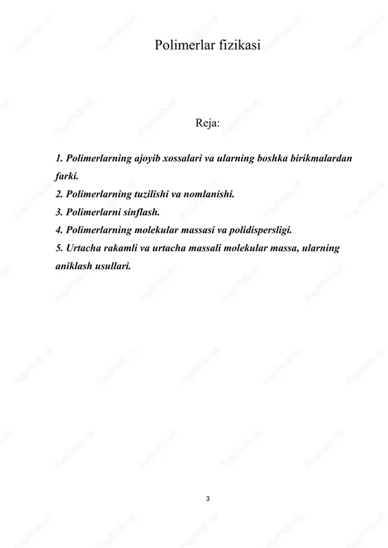 an xolda makromolekula tarkibiga utsa, takrorlanuvchan zvenoni monomer bugin deb ataladi. polimerlar molekulasi oddiy bgginlardan tashkil topgan bulib ular kuyidagicha uzaro boglanadi. -a-a-a-a-a-a (-a-)n bu yerda a- takrorlanuvi zveno - bggin n- bgginlar soni,ya’ni polimerlanish darajasi. polimerlanish darajasi (n) polimerning molekular massasi (m) va monomer molekular massasi (m) bilan uzaro n= nisbatda boglanadi. bunda m = n*m polimerlar nomi "poli" old kushimchasi va polimerlar zanjirining elementar zvenosi (monomer) nomidan xosil kilinadi. masalan: etilen- polietilen, propilen - polipropilen, vinilxlorid - polivinilxlorid, kaprolaktam - polikaprolaktam va xokazo. bir xil tarkibli monomerlardan xosil buladigan makromolekulani gomopolimerlar deyiladi. polimer xosil bulishida turli xil monomerlar ishtirok etsa, bunday polimerlar sopolimerlar deyiladi. tukimachilik va yengil sanoat asosiy xom ashyolari tolalar xisoblanadi.bu xom ashyo tabiiy, sun’iy yoki sintetik tolalar bulishi mumkin. tolalarning asosini esa polimerlar tashkil etadi. tola xosil kiluvchi polimerlarni kuyidagi:a)makromolekulalarining shakliga kura,b)asosiy zanjirining ximiyaviy tuzilishiga kura,v) kelib chikishiga klassifikatsiyalash mumkin. makromolekulalarining shakliga kura klassifikatsiyalash 1. …