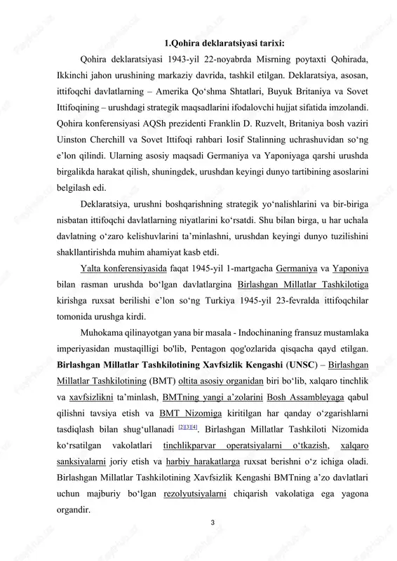 azish, xalqaro sanksiyalarni joriy etish va harbiy harakatlarga ruxsat berishni oʻz ichiga oladi. birlashgan millatlar tashkilotining xavfsizlik kengashi bmtning aʼzo davlatlari uchun majburiy boʻlgan rezolyutsiyalarni chiqarish vakolatiga ega yagona organdir. birlashgan millatlar tashkiloti singari xavfsizlik kengashi ham ikkinchi jahon urushidan keyin millatlar ligasining dunyo tinchligini saqlashdagi kamchiliklarini bartaraf etish uchun tuzilgan. u oʻzining birinchi sessiyasini 1946-yil 17-yanvarda oʻtkazdi, ammo keyingi oʻn yilliklarda amerika qoʻshma shtatlari va sovet ittifoqi (va ularning ittifoqchilari) oʻrtasidagi sovuq urush tufayli katta darajada falaj boʻldi. shunga qaramay, u koreys urushi va kongo inqiroziga harbiy aralashuvlar va kipr, gʻarbiy yangi gvineya va sinay yarim orolida tinchlikparvarlik missiyalarini amalga oshirishga ruxsat berdi. sovet ittifoqi parchalanishi bilan birlashgan millatlar tashkilotining tinchlikparvarlik saʼy-harakatlari keskin oshdi, xavfsizlik kengashi quvayt, namibiya, kambodja, bosniya va gersegovina, ruanda, somali, sudan va kongo demokratik respublikasida asosiy harbiy va tinchlikparvar missiyalarni oʻtkazishga ruxsat berdi. xavfsizlik kengashi oʻn besh aʼzodan iborat boʻlib, ulardan beshtasi doimiydir: xitoy, fransiya, …