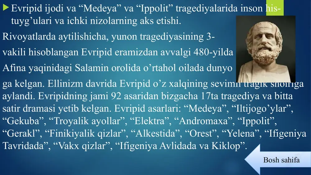 a’lumdir. bosh sahifa bosh sahifa aristofanning dastlabki asarlaridan biri “axarnliklar” komediyasidir. yozuvchi o’zining barcha tinchliksevar g’oyalarini asarning bosh qahramoni, oddiy dehqon dikeopol obrazi orqali ko’rsatgan. shoirning “tinchlik” va “lisistrata” asar- lari peleponnes urushi davrida yozilgan asarlardir. aristofan ijodining dastlabki davrlarida yozilib, bevosita afina demo- kratik idora usulini tasvirlashga bag’ish- langan eng o’tkir siyosiy asar “suvoriylar” komediyasidir. bosh sahifa bosh sahifa “qadimgi attika komediyasi” ning asosiy xususiyati uning o’tkir siyosiy jo’shqinlik va demokratiya dushmanlariga qarshi murosasizlikdadir. shu sababli aristofan komediyalarining ham asosiy mazmuni o’sha davrda jamiyatda mavjud bo’lgan kamchilik hamda nuqsonlar bo’lgan va ushbu asarlarni yozishdan ko’zlangan maqsad mavjud kamchiliklarni yo’qotish bo’lgan. bosh sahifa 6-4 asrlarda yunonistonda she’riy adabiyotning doirasi torayib, prozada yozilgan asarlar soni ortib bordi va keyinchalik attika davrining oxirlariga qadar nasriy shakl yunon adabiyotining yetakchi turi bo’lib qoldi. tarixiy prozaning eng birinchi namoyandasi gerodotdir. gerodotdan qolgan asarlar ichida eng muhimi va qimmatli ma’lumotlar bilan jahon tarixini boyitib kelayotgan …