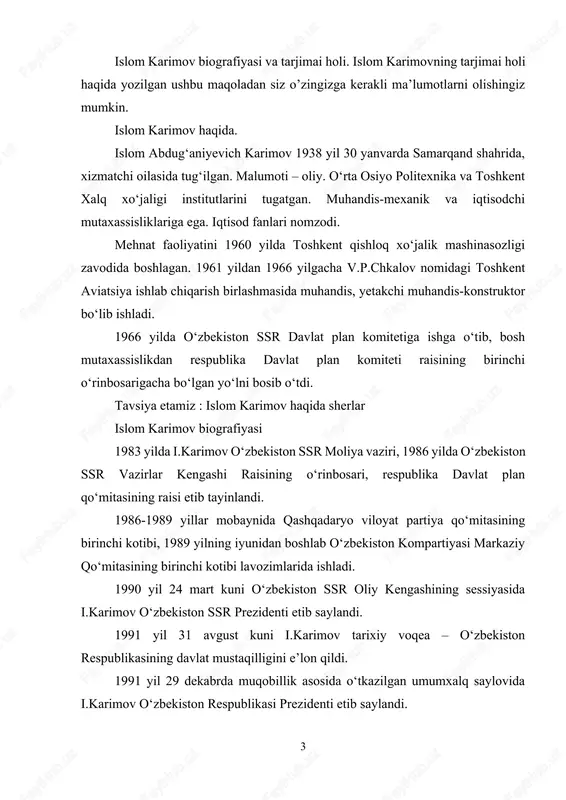 karimov biografiyasi. 2000 yil 9 yanvarda muqobillik asosida o‘tgan saylov natijalariga ko‘ra, konstitutsiyaga kiritilgan o‘zgarishlarga muvofiq, i.karimov 7 yil muddatga o‘zbekiston respublikasi prezidenti etib saylandi. 2007 yil 23 dekabrida muqobillik asosida o‘tgan saylov natijalariga ko‘ra, i. karimov 7 yil muddatga o‘zbekiston respublikasi prezidenti etib saylandi. 2015 yil 29 mart kuni muqobillik asosida o‘zbekiston respublikasi prezidenti saylovi bo‘lib o‘tdi. uning natijalariga ko‘ra konstitutsiyaga kiritilgan o‘zgarishlarga muvofiq, islom karimov 5 yillik muddatga, mamlakatning oliy lavozimiga saylandi. i.karimov suveren va mustaqil o‘zbekistonni barpo etish, xalqparvar, demokratik huquqiy davlat yaratish, fuqarolar tinchligi va milliy totuvlikni ta’minlash ishiga qo‘shgan ulkan hissasi, hamda, bu borada matonat va jasorat ko‘rsatganligi uchun “o‘zbekiston qahramoni” unvoni, “mustaqillik” va “amir temur” ordenlari bilan taqdirlangan. tavsiya etamiz : islom karimov haqida sherlar shuningdek, u bir qancha xorijiy davlatlar va nufuzli xalqaro tashkilotlarning orden va medallari bilan ham mukofotlangan. i.karimov o‘zbekiston fanlar akademiyasining haqiqiy a’zosi. ayni vaqtda u iqtisod, fan, ta’limni rivojlantirishga …