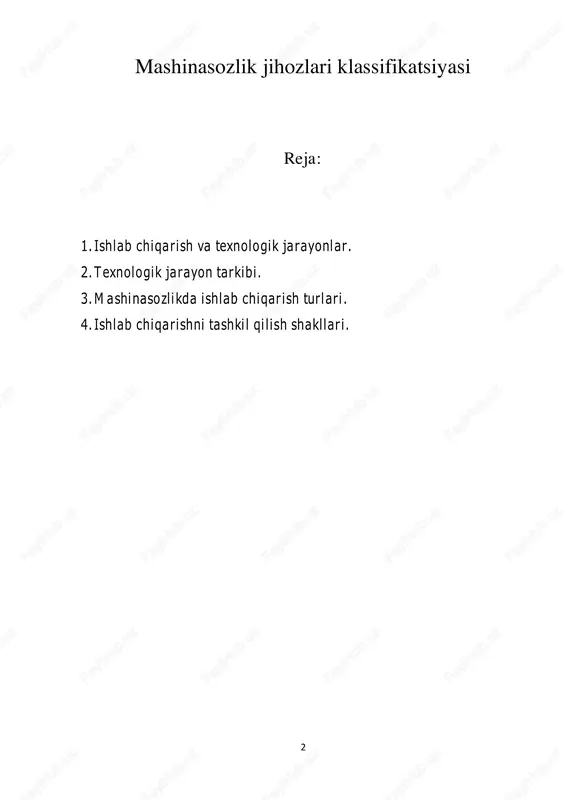 ahsulotni talab qilingan texnik shartlarga javob bera olishini tekshirishdan iborat. mexanik ishlov berish texnologik jarayoni kam material va mehnat resurslarini sarflagan holda talab etilgan texnik shartlar asosida tayyor mahsulot yaratishga qaratilgan bo‘lishi kerak. 4 texnologik jarayonlar gost 1.109-73 asosida loyihali, ishchi, donaviy, namunaviy, standart, vaqtli, taraqqiy xarakterdagi (kelgusida qo‘llaniluvchi), marshrutli, amal uchun va marshrutli-amalli bo‘lishi mumkin. texnologik jarayon tarkibi. texnologik jarayonini maqsadga muvofiq ravishda amalga oshirish uchun tayyorlanayotgan detalning qaysi yuzalariga va qanday ketma-ketlikda ishlov berishni ifodalovchi reja tuziladi. ushbu rejada detal yuzlariga ishlov berish usullari keltiriladi. shu maqsadlarda mexanik ishlov berish texnologik jarayoni alohida qismlarga bo‘linadi, bu qismlarning yig‘indisi uning tarkibini tashkil etadi. texnologik jarayon quyidagi tarkibiy qismlarga bo‘linadi: texnologik amal; xolat; o‘tish; yurish; xarakatlar yig‘indisi. texnologik amal texnologik jarayonning bir qismi bo‘lib, bir ish o‘rnida (bir yoki bir necha ishchi tomonidan) ketma-ket bajariladigan ishlar yig‘indisidan iborat. o‘rnatish amalning bir qismi bo‘lib detalning (dastgoh turiga qarab bir necha detalning) …