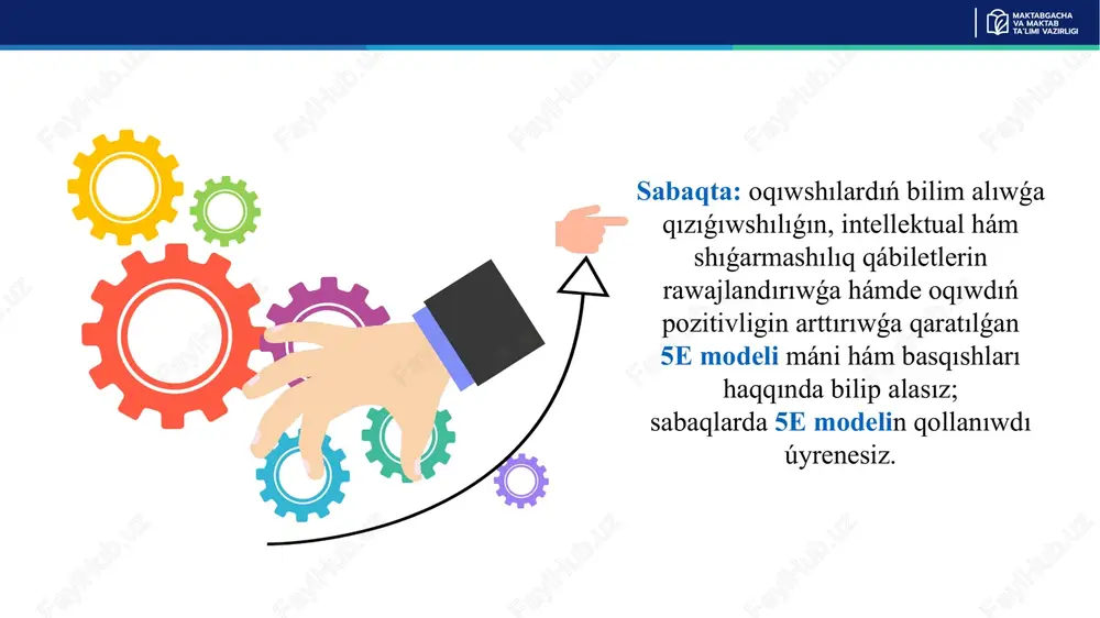 nı menen qatar,sabaqtıń keyingi basqıshına tayarlıq kóriwge imkan beredi. 3-basqısh. túsindiriw oqıtıwshı oqıwshılardan aldıńǵı basqıshlarda neni úyrengenin hám baqlaǵanın túsindiriwdi soraydi. oqıwshılar ilimiy túsiniklerdi jaqsıraq ózlestiriwleri ushın sabaqta verbal, balki video, audio materiallardan paydalanıw maqsetke muwapıq. oqıwshılar aldıńǵı basqıshlarda iyelegen bilimlerin usı basqıshta darhal qollay almasa,oqıtıwshı alańdamawı kerek,óytkeni ilimiy túsiniklerdi ózlestiriw ushın waqıt talap etedi. oqıtıwshı ilimiy túsinikler mazmunin keńirek ashıp beriwi lazım. 4-basqısh. qollaw oqıwshılar temaǵa baylanıslı ilimiy túsinikler hám kónikpelerdi beytanıs jaǵdayda qollanadı. oqıwshılar izertlew jáne túsindiriw basqıshlarında iyelegen bilim kónlikpelerin qollaydı hám rawajlandıradı. bul basqıshta pánleraralıq integratsiyani támiynlew maqsetke muyapıq. tabiyiy pánler matematika, sanaat, texnologiya hám basqa pánler menen baylanısqan halda úyreniw ilimiy túsiniklerdi jaqsıraq ózlestiriwge múmkinlik beredi. 4-basqısh nátiyjesi: oqıwshılar ilimiy túsinik hám kónikpelerdi jaqsıraq ózlestiredi. 4-basqısh. qollaw 4-bosqich. qo‘llash 5-basqısh. bahalaw óz-ózin bahalaw bahalaw oqıwshılardıń bilim hám kónikpelerin ózlestiriw dárejesin anıqlawǵa xızmet etedi. bahalaw oqıw nátiyjelerine qanshalıq eriskenligine dálel toplawǵa qaratılǵan. formativ bahalaw baqlaw yaki …