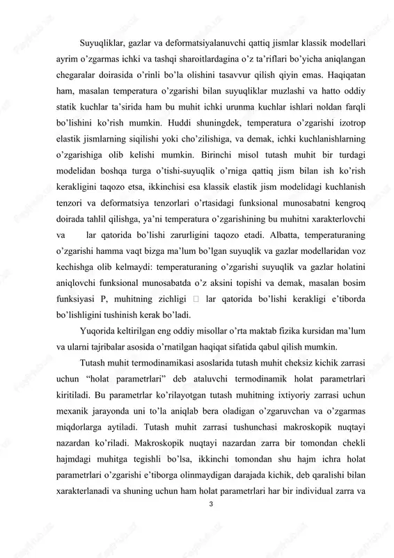 trlari kiritiladi. bu parametrlar ko’rilayotgan tutash muhitning ixtiyoriy zarrasi uchun mexanik jarayonda uni to’la aniqlab bera oladigan o’zgaruvchan va o’zgarmas miqdorlarga aytiladi. tutash muhit zarrasi tushunchasi makroskopik nuqtayi nazardan ko’riladi. makroskopik nuqtayi nazardan zarra bir tomondan chekli hajmdagi muhitga tegishli bo’lsa, ikkinchi tomondan shu hajm ichra holat parametrlari o’zgarishi e’tiborga olinmaydigan darajada kichik, deb qaralishi bilan xarakterlanadi va shuning uchun ham holat parametrlari har bir individual zarra va uning markazi sifatida qaraladigan geometrik nuqtaga tegishli deb olinishi mumkin. shuning uchun ham tutash muhitlar mexanikasida makroskopik holat parametrlari bilan ish ko’riladi va bu parametrlar ajratilgan ayrim «fizik zarraga» tegishli deb qaraladi. masalan, gazlar uchun  va p lar holat parametrlari bo’la oladi. o’zgaruvchi holat parametrlarini o’zgarmaslarini bilan belgilaylik. tutash muhit zarrasi holatini akslantirish uchun holat parametrlari soniga teng bo’lgan n o’lchovli fazoni kiritaylik va bu fazoning har bir m nuqtasi n ta koordinatalar bilan bir qiymatli aniqlanishidan foydalanaylik. bu fazoga holat …