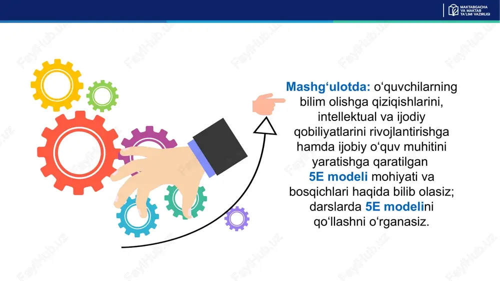 sinfdoshlarining kuzatishlari va dastlabki tushuntirishlarini tinglashga, shuningdek, darsning keyingi bosqichiga tayyorgarlik ko‘rishga imkon beradi. 3-bosqich. tushuntirish o‘qituvchi o‘quvchilardan avvalgi bosqichlarda nimani o‘rgangani va kuzatganini tushuntirishni so‘raydi. o‘quvchilar ilmiy tushunchalarni yaxshiroq o‘zlashtirishlari uchun darsda nafaqat verbal, balki video, audio materiallardan foydalanish maqsadga muvofiq. o‘quvchilar avvalgi bosqichlarda egallagan bilimlarini ushbu bosqichda darhol qo‘llay olmasa, o‘qituvchi xavotirga tushmasligi kerak, chunki ilmiy tushunchalarni o‘zlashtirish vaqt talab etadi. o‘qituvchi ilmiy tushunchalar mazmunini kengroq yoritib berishi lozim. 4-bosqich. qo‘llash o‘quvchilar mavzuga oid ilmiy tushunchalar va ko‘nikmalarni notanish vaziyatda qo‘llaydilar. o‘quvchilar tadqiq etish va tushuntirish bosqichlarida egallagan bilim va ko‘nikmalarini qo‘llaydi va rivojlantiradi. ushbu bosqichda fanlararo integratsiyani ta’minlash maqsadga muvofiq. tabiiy fanlarni matematika, san’at, texnologiya va boshqa fanlar bilan bog‘liq holda o‘rganish ilmiy tushunchalarni yaxshiroq o‘zlashtirishga imkon beradi. 4-bosqich natijasi: o‘quvchilar ilmiy tushuncha va ko‘nikmalarni yaxshiroq o‘zlashtiradi. 4-bosqich. qo‘llash 4-bosqich. qo‘llash 5-bosqich. baholash o‘z-o‘zini baholash baholash o‘quvchilarning bilim va ko‘nikmalarni o‘zlashrirish darajasini aniqlashga xizmat qiladi. baholash o‘quv …