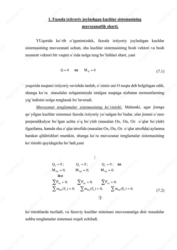 ing tortilish kuchi t1 ni aniqlansin. valning o`lchovlari ah40 sm., bh60 sm., h30o ga teng. remenning tortilish kuchlari t1 ht2 ga teng deb qabul qilinsin. 7.1shakl. echish: ushbu masalani fazoviy kuchlar sistemasining muvozanat tenglamalari orqali echiladi. bog`lanishlar aksiomasiga asosan valga aktiv va reaktsyai kuchlarini vektor shaklida qo`yib, a va v tayanchlarni tashlab yuboramiz va valni erkin jism deb faraz qilib, unga qo`yilga kuchlar tasirida muvozanat holatini saqlab turmoqda deb qabul qilamiz. shakldan ko`rinib turgandek barcha kuchlar yoz tekisligida yotishibdi, demak ularni ox o`qiga proektsiyalari yo`q ekan. tenglamalar sistemasini tuzayotganimizda adashmaslik uchun, valga qo`yilgan barcha kuchlarning proektsiyalari va ularning koordinata o`qlariga nisbatan momentalrini jadvalga tushiramiz. r h f ekanligini etiborga olib, quyidagi muvozanat tenglamalar sistemasini yozamiz , (a) (b) (c) (d) (e) ushbu tenglamalar sistemasida 5 ta nomalumlar bor bo`lib, ularni quyidagicha aniqlaymiz. t1 h2 t2 ekanligini etiborga olib, (s) tenglamadan, (d) tenglamadan (e) tenglamadan aniqlangan qiymatlarni qolgan tenglamalarga qo`yib, nomalumlarni …