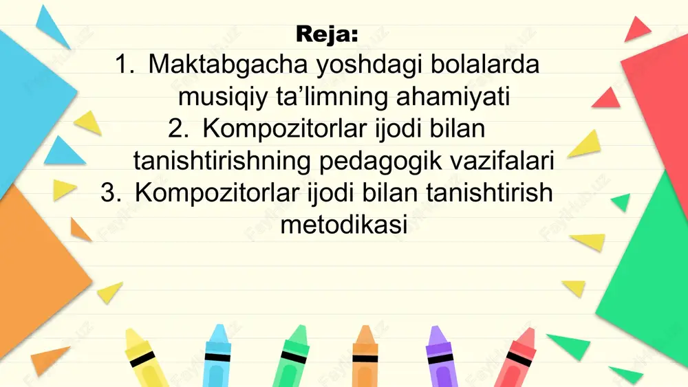 ng eshitish qobiliyati, ritmni idrok etish, motorika va ijodiy salohiyatini rivojlantirishga xizmat qiladi. pedagogik jarayon turli metod va yondashuvlarni birlashtirib, bolalarning yosh xususiyatlariga mos tarzda tashkil etiladi. birinchi metodlardan biri – tinglash va muhokama qilish usuli hisoblanadi. bolalarga kompozitorlarning asarlari tinglatiladi, ularning ohang, ritm, kayfiyat va tuyg‘ulari haqida suhbatlashiladi. pedagog bolalarga savollar beradi, musiqiy hissiyotlarni izohlashga va musiqiy tafakkurini rivojlantirishga rag‘batlantiradi. masalan, bolalardan “bu musiqa sizga qanday kayfiyat bag‘ishlayapti?” yoki “qaysi qism tezroq yoki sekinroq chalinyapti?” kabi savollar beriladi. shu usul orqali bolalar musiqa bilan bog‘liq tahlil va idrok qilish qobiliyatini rivojlantiradilar. ikkinchi metod – musiqiy o‘yinlar va interaktiv faoliyatdir. o‘yinlar orqali bolalar kompozitorlar ijodidagi ritmik naqshlar va melodiyalarni qiziqarli shaklda o‘rganadilar. masalan, bolalar musiqa ritmiga mos harakat qilish, musiqa ohangiga javob berish, qisqa melodiyalarni birgalikda ijro etish kabi mashqlarni bajaradilar. interaktiv mashqlar esa bolalarning diqqatini jamlash, ritm va tonal idrok etish qobiliyatini mustahkamlash hamda musiqaga qiziqishini oshirish imkonini beradi. …