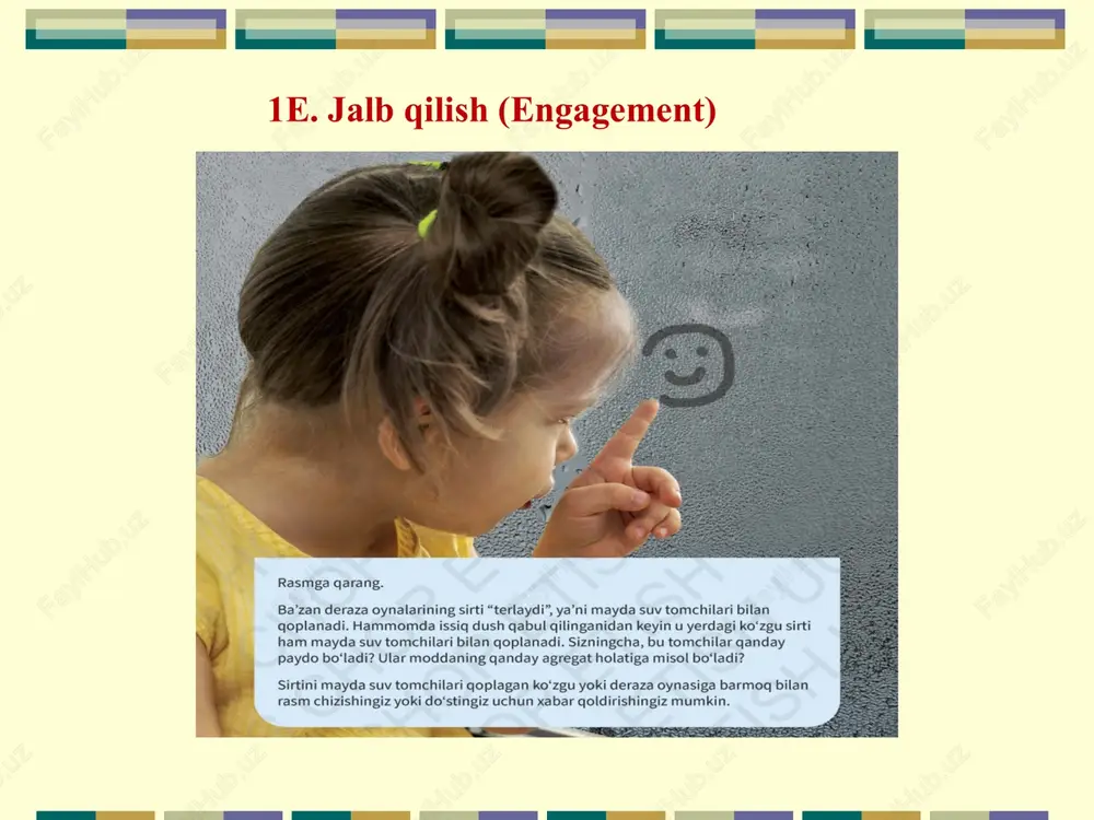) oquvshilarga gazlar suyuq holatga kelganda nima sodir bo’lishini tushunishga yordam beradigan animatsiyani ko’rsating. https://www.acs.org/middleschoolchemistry/simulations/chapter2/lesson3.html#simulation232 molekuli jidkosti bug‘lanish – suyuqlikning gazga aylanish jarayoni. bug‘lanish jarayoni suyuqlikning sirtida yuz beradi. * bug’lanish–moddaning yoki qattiq agregat holatidan gaz holatga o’tish jarayoni . bug’lanish har qanday haroratda sodir boladi. * qaynash – har qanday suyuqlikning tez bug‘lanishidir. bu – suyuqlik qaynash nuqtasigacha qizdirilganda sodir bo‘ladi. suv qizdirilganda ma’lum bir vaqtdan so‘ng suyuqlik ichida pufakchalar hosil bo‘ladi. agar idishdagi suvni qizdirishda davom etilsa, suv bug‘lari yuqoriga ko‘tariladi. kondensatsiya – moddaning gaz holatidan suyuq holatga o‘tishi yoki teskari bug‘lanishdir. yer yuzasidan ko‘tarilgan suv bug‘lari kondensatsiyalanishi natijasida yomg‘ir yog‘adi. ovqat pishirish jarayonida qozon qopqog‘ini ochganda suv tomchilarini ko‘ramiz. moddalar uchta asosiy holatda bo‘lishi mumkin: qattiq, suyuq va gaz. bug‘lanish bu – suv kabi moddaning bu holatlar o‘rtasida o‘zgarishi mumkin bo‘lgan bir yo‘ldir. eritish va muzlatish boshqa ikkita usuldir. suyuq suv yetarlicha past haroratga yetganda muzlaydi va …