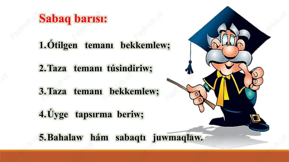 diń ıssılıq halın bildiriwshi fizikalıq shama. bilip alıń! molekulalardıń jıllılıq qozǵalısı. zattı quraǵan bólekshelerdiń tártipsiz qozǵalısı. uslap kóriw arqalı temperatura haqqında juwmaq shıǵarıw múmkinbe? oqıwshılardan biri qolın suwıq suwǵa, ekinshisi ıssı suwǵa 20 sekund dawamına tıǵıp turadı. keyin eki oqıwshı bir waqıtta qolın bólme temperaturasındaǵı suwǵa tıǵadı. olar neni sezedi? 4-tájiriybe suwıq suw bólme temperatura-sındaǵı suw íssı suw seziwlerimiz qáte bolıwı múmkin. temperaturanı qalayınsha qátesiz anıqlaw múmkin? temperatura – termometr járdeminde ólshenedi. termometrler gazli suyuqlikli metalli denelerdiń ıssılıqtan keńeyiwinen temperaturanı ólshewde paydalanıladı. termometrler elektron termometr simaplı termometr elektron termometr 20 suw suyıqlıqlı termometrler spirt sımap bólme termometri suw termometri medicina termometri bólme temperaturasın ólshew kerek bolǵan jerde hár dayım turadı. suwǵa bir neshe minutqa túsiriledi. isletiwden aldın birneshe ret silkitiledi. ne ushın? temperaturanı basqarıw turmısta biz temperaturanı tek ǵana ólshemeymiz, bálkim termoregilyatorlar járdeminde onı basqaramız: muzlatqıshlar, duxovkalar, kir juwıw mashinaları . . . dizimdi dawam ettire alasızba? temperatura shkalaları biz …