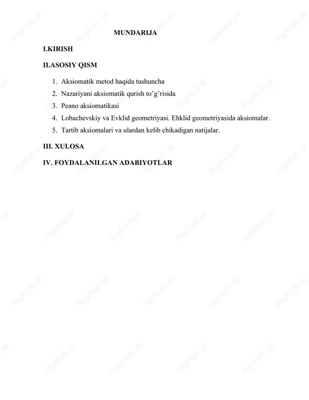 abat va aksiomalar ixtiyoriy bo`lmasdan, ular ba’zi bir haqiqiy ob’yektlar va ularning xossalarini yaqqol ko`rsatishi lozim. masalan, ixtiyoriy uchta a, b va m nuqtalar uchun, m nuqtadan a va b nuqtalargacha masofalarning yig`indisi bu nuqtalar orasidagi masofadan kichik degan aksioma aytilsa, u holda haqiqatan hayotga aloqasi bo`lmagan nazariya yuzaga kelar edi, haqiqatda esa . shunday qilib, aksiomatik nazariya reallikning matematik modelini berishi kerak. 1. aksiomatik metod haqida tushuncha aksiomatik metod – aksiomalarga asoslanib ilmiy nazariya qurish usuli. asos qilib olingan aksiomalar tizimi (aksioma-tika) muayyan nazariy tizimda isbotsiz haqiqiy deb kabul qilinadi. boshqa nazariy bilimlar, xulosalar toʻla ravishda aksiomatikadan deduktiv yoʻl bilan chiqariladi. yangi tushunchalar nazariyaga formal ta’riflash yoʻli bilan kiritiladi. aksiomalar tizimi ziddiyatsizlik, toʻlalik va bogʻliqsizlik shartlarini qanoatlantirishi lozim. bitta ilmiy nazariyani turli aksiomalar tizimiga asoslanib ham qurish mumkin. mac, haqiqiy sonlar nazariyasining turli qurish usullari mavjud.matematikada aksiomaqadimgi yunon geometrlari asarlarida shakllana bosh-lagan. evklidning "negizlar" (mil. av. 300-yillar) asarida bayon …