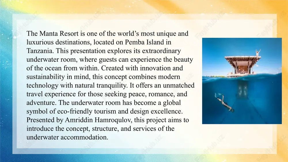 levels, each designed for a different experience. the upper deck is an open terrace used for sunbathing and stargazing. the middle level, located at sea level, serves as a comfortable lounge and resting area. the lowest level, submerged four meters underwater, is the bedroom with 360-degree glass walls offering a full view of marine life. the structure is eco-friendly and powered by solar energy. every element of its design reflects harmony with nature — minimalist, functional, and incredibly beautiful. title each guest has a personal service attendant available at all times. the resort offers local cuisine made from fresh ingredients and inspired by swahili culture. visitors can enjoy activities such as snorkeling, scuba diving, kayaking, and spa treatments. 2 guests staying at the manta resort enjoy world-class services designed to make their experience unforgettable. meals and beverages are delivered by boat directly to the floating room, ensuring privacy and comfort. …
