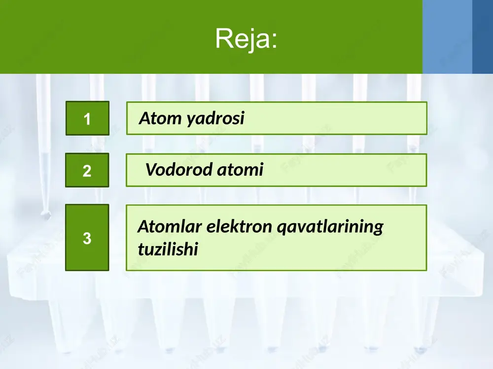har bir energetik pog‘onada (qavatda) 2 tagacha bo‘ladi. p-elektronlar yadro atrofida x, y va z o‘qlari boylab perpendikulyar harakatlanadi va ular ikkinchi qavatdan boshlab har bir qavatda oltitagacha bo‘ladi. pog‘onachalardagi bo‘sh yacheykalar elektronlar bilan, avvalo, bittadan maksimal darajada to‘ladi, so‘ngra ortib qolgan elektronlar tartib bilan juftlasha boshlaydi. image1.jpeg image3.png image4.jpeg image5.jpeg image6.jpeg image7.png image8.jpeg image9.jpeg image10.jpeg image11.jpeg image12.jpeg image13.jpeg image14.png image15.png image16.jpeg image17.jpeg image18.jpeg image19.jpeg image20.jpeg image2.jpeg /docprops/thumbnail.jpeg