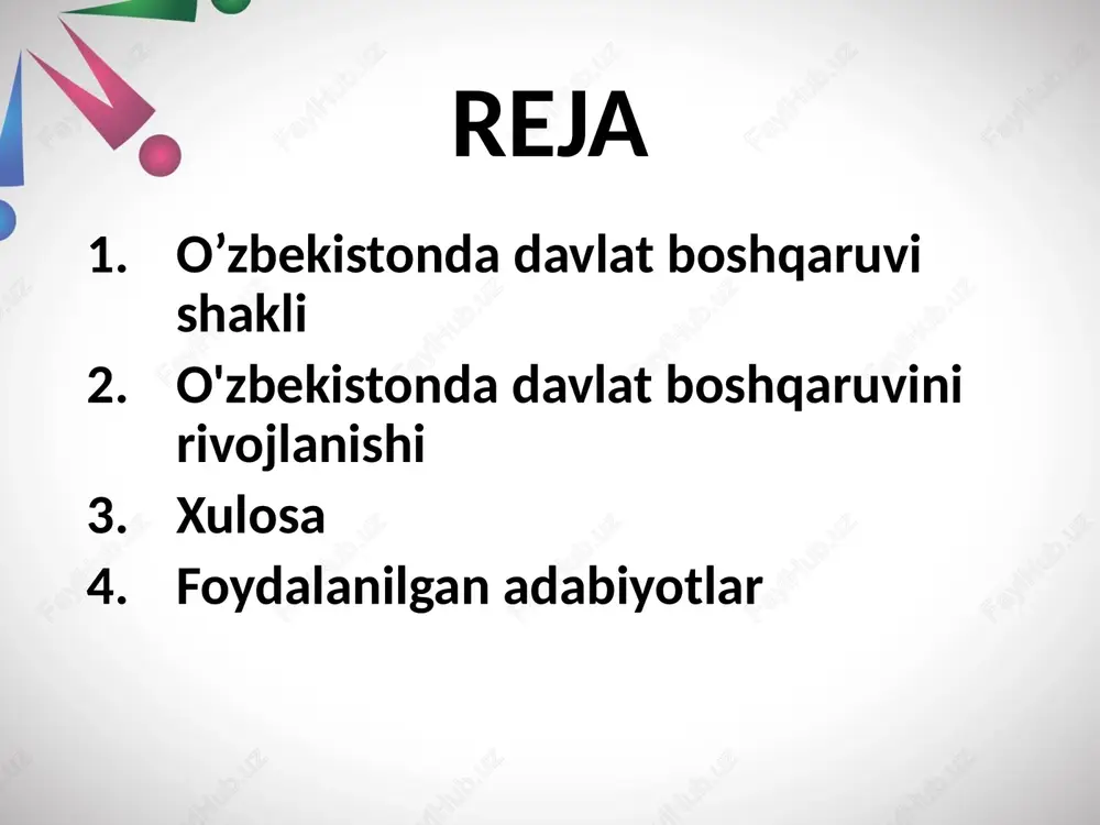 . konstitutsiyamizning yana bir demokratik jihati, jamiyat va davlat hayotining eng muhim masalalari xalq muhokamasiga taqdim etiladi, umumiy ovozga (referendumga) qo‘yiladi. o'zbekistonda davlat boshqaruvini rivojlanishi davlat harakat strategiyasining harakatlantiruvchi kuchi davlat va uning organlari hisoblanadi. islohotlarning kafolati va kafolati - bu davlatning samarali faoliyati bilan bog'liq bo'lgan voqea. u boshqaruv mahorati bilan uzoq muddatli maqsadlarni rejalashtiradi, siyosiy va ijtimoiy jarayonlarni boshqaradi, aholini safarbar qiladi va mavjud resurslardan oqilona va adolatli foydalanadi. binobarin, davlat va jamoat boshqaruvi tizimini takomillashtirmasdan mamlakat hayotini modernizatsiya qilish mumkin emas. modernizatsiya mamlakatni rivojlanishiga olib keladi, menejmentning xizmat qilish muddatini yangi sifat va talablar darajasiga ko'taradi. ushbu jarayonlar bevosita mintaqaviy rivojlanish bilan bog'liq muammolarni hal qilishda mahalliy hokimiyat organlariga mustaqil qaror qabul qilishga imkon beradigan qonunchilik bazasini shakllantirishni talab qiladi. shu munosabat bilan, prezidentimiz parlament qarorlarini qabul qilish va qonunlar ijrosi ustidan nazoratni kuchaytirish, ijro etuvchi hokimiyat tizimini optimallashtirish, ma'muriy islohotlarni davom ettirish va davlat boshqaruvida zamonaviy …