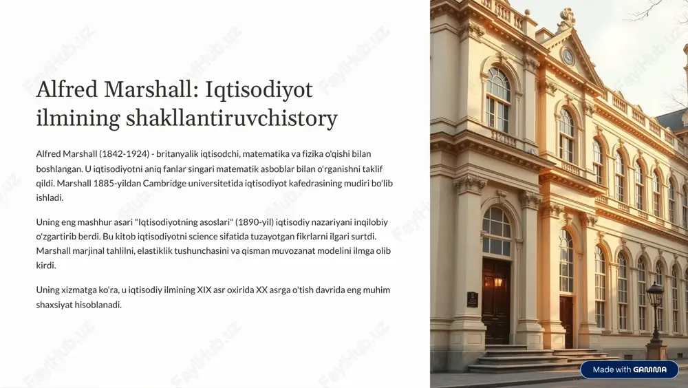 iradi. shunda foyda maksimal bo'ladi. https://gamma.app/?utm_source=made-with-gamma talab va taklif qonuni: marshall yondashuvi marshall talab va taklif qonunini ifodalashtiruvchi eng taniqli iqtisodchi. uning tasavvuriga ko'ra, bozor narxini ikkita kuch belgilaydi: sotuvchilar taklifi va xaridorlar talabi. narx oshsa talab kamayadi, taklif ortadi muvozanat nuqta talab taklif teng bo'ladi narx tushsa talab ortadi, taklif kamayadi bu muvozanat nuqtasida bozor "toza" bo'ladi - ne ortiqla taklif, ne ortiqla talab bo'lmaydi. marshall bu mexanizmni "bozorin ko'zni" deb atadi. https://gamma.app/?utm_source=made-with-gamma qisman muvozanat tahlili marshall qisman muvozanat tahlilini ilgari surtdi - bu alohida bozorni boshqa barcha bozorlargina izolatsiya qilib o'rganish metodasidir. masalan, paxta bozoridagi o'zgarishlarni butun iqtisodiy sistemada qanday ta'sir qilishini aniqlashtirish buning mohiyatidir. bu analitik usul iqtisodchilar alohida bozorlarda to'liqroq o'rganish imkonini berdi. bugungi kun to'rt cho'rtakda qo'llaniladigan bu metod marshall tomonidan o'rnatilgan. paxta bozoridagi o'zgarish narx o'zgarishi to'qish sanoati xarajat o'zgarishi kiyim bozoridagi ta'sir narx dinamikasi iste'molchilar sotib olish quvvati https://gamma.app/?utm_source=made-with-gamma iste'molchi va ishlab chiqaruvchi …
