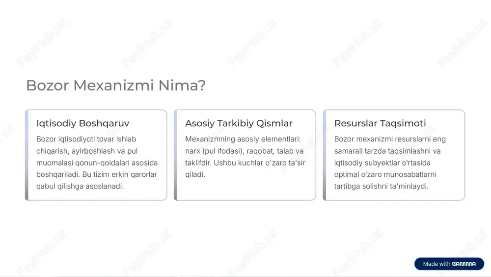 alras bozor narxini muvozanat holatiga keltiruvchi iterativ (takrorlanuvchi) jarayon 3 "tatonnement" (sinab ko'rish) modelini taklif qildi. https://gamma.app/?utm_source=made-with-gamma zamonaviy narx nazariyasi va eksperimental iqtisodiyot xx asrning ikkinchi yarmida, xususan, vernon l. smithning ishlari tufayli, narx nazariyasi eksperimental usullar bilan o'rganila boshlandi. 1 laboratoriya tajribalari vernon l. smith va sabiou m. inoua bozor narxining shakllanishini laboratoriya tajribalari orqali, real bozor sharoitlarini simulyatsiya qilib o8rganishdi. 2 dinamik narx narx sotuvchilar va xaridorlarning qiymat haqidagi baholashlari asosida dinamik tarzda (o'zgaruvchanlik bilan) shakllanishi tasdiqlandi. 3 ma9lumot aks ettiqish narx mexanizmi bozor ishtirokchilarining maksimal ma¾lumotini, shu jumladan marjinal xarajatlar va foydalilikni aks ettiruvchi murakkab jarayon hisoblanadi. https://gamma.app/?utm_source=made-with-gamma bozor mexanizmining asosiy elementlari talab va taklif qonuni narx o8zgarishi bilan talab va taklif miqdori o8zgarib, bozor avtomatik ravishda muvozanatga intiladi (muvozanat narxi). raqobat korxonalar va iste¾molchilar o8rtasida erkin tanlov va raqobat iqtisodiy samaradorlikni oshirishning asosiy omilidir. davlatning roli davlat aralashuvi cheklangan bo8lib, asosan bozor qoidalari va institutsional infratuzilmani …