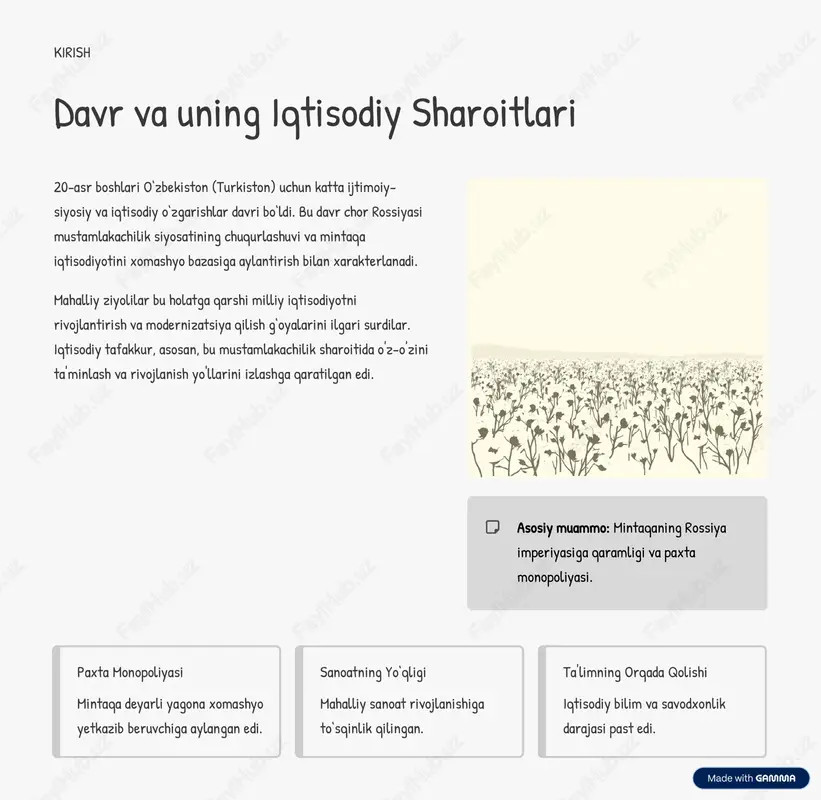 made-with-gamma qarashlar uchrashuvi turkiston ziyolilarining iqtisodiy qarashlari 1mahmudxo8ja behbudiy «savdo ishi millatni iqtisodiy jihatdan quvvatlantiruvchi asosiy omildir» deb hisoblagan. yer islohoti va irrigatsiyaning ahamiyatini ta'kidlagan. 2 munavvarqori abdurashidxonov kooperativ harakatni faol qo8llab-quvvatlagan, mahalliy aholi uchun bank-kredit tizimini yaratishga chaqirgan.3fitrat (abdulrauf fitrat) kapitalizmning ijobiy tomonlarini qabul qilgan holda, mahalliy sharoitga mos milliy iqtisodiy tizim yaratishga harakat qilgan. uning "najot yo'li" asari iqtisodiy dastur sifatida qaralgan. 4 cho8lpon (abdulhamid sulaymon o8g8li) adabiy asarlarida iqtisodiy qoloqlikni tanqid qilib, millatni g8ayratli tadbirkorlikka undagan. ushbu ziyolilarning har biri millatning kelajagini ta'minlashda iqtisodiy rivojlanish kalit ekanligini anglagan. https://gamma.app/?utm_source=made-with-gamma savdo-sotiq va tadbirkorlikka e'tibor jadidlar faqatgina xomashyo yetkazib beruvchi bo8lib qolishdan qochib, mahalliy savdo va sanoatni rivojlantirishga urg8u berishdi. milliy tijorat uylari rus va yevropa kapitaliga qarshi turish uchun mahalliy savdo uylarini tashkil etish. hunarmandchilikni qo8llash ipak, gilamdo8zlik va boshqa an9anaviy hunarlarni modernizatsiya qilish va eksportga yo8naltirish. infrastruktura savdo yo8llarini yaxshilash va zamonaviy transport usullaridan foydalanishni taklif qilish. …