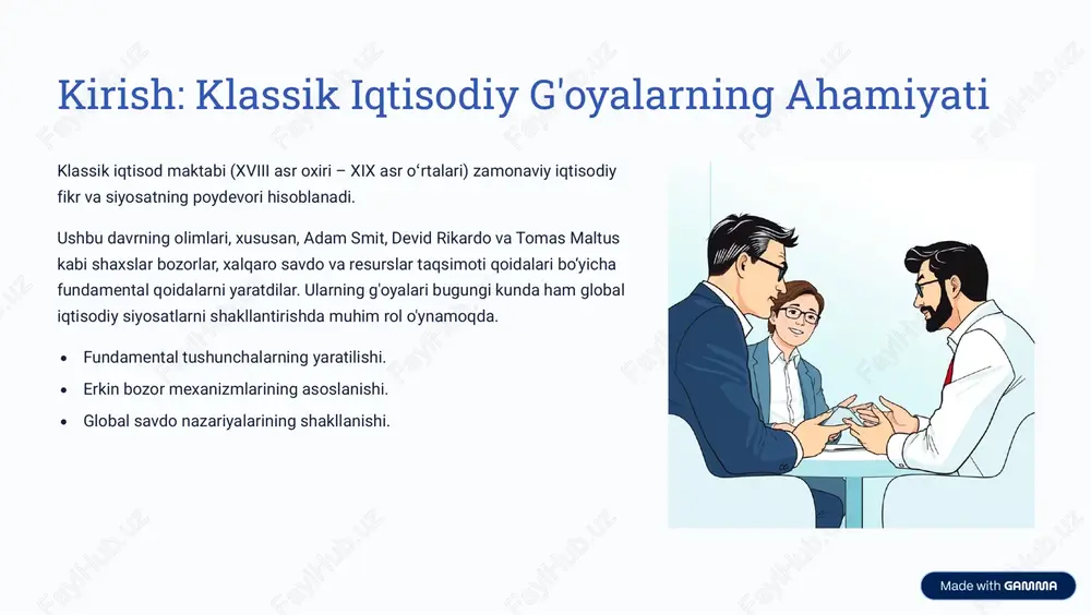 cheklovi "aholi geometrik progressiyada o'sadi, oziq-ovqat ishlab chiqarish esa arifmetik progressiyada." maltusning g'oyalari iqtisodiy o'sish va barqarorlik muammolariga e'tibor qaratadi, ayniqsa atrof-muhit va resurslarning cheklanganligi nuqtai nazaridan. aholining keskin o'sishi xavfi. oziq-ovqat taqchilligi muammosi. kelajakdagi resurs cheklovlari haqidagi ilk ogohlantirishlar. 1 2 3 1 cheklovlar 2 resurslar 3 aholi uning nazariyasi o'z davrida keskin tanqidlarga uchragan bo'lsa-da, barqaror rivojlanish va ekologik iqtisodiyot uchun muhim asos bo'lib qoldi. https://gamma.app/?utm_source=made-with-gamma jon styuart mill: liberterizm va ijtimoiy adolat mill klassik iqtisodiyotning eng yorqin davomchilaridan biri bo'lib, u erkinlik va shaxsiy huquqlar bilan ijtimoiy adolatni uyg'unlashtirishga intildi. manfaatdorlik prinsiplari u bozor mexanizmlarining afzalliklarini tan olgan holda, boylik taqsimoti jamiyatning ijtimoiy siyosatiga bog'liq ekanligini ta'kidladi. ijtimoiy islohotlar mill ta'lim, ayollar huquqlari va ishchi sinfi himoyasi kabi ijtimoiy masalalarda faol bo'lib, iqtisodiyotni etika bilan bog'ladi. erkinlik uning "erkinlik haqida" asari shaxsiy erkinlikning qadrini va davlatning aralashuvi chegaralarini belgilab berdi, bu esa hozirgi liberal demokratiyalarga ta'sir ko'rsatdi. …